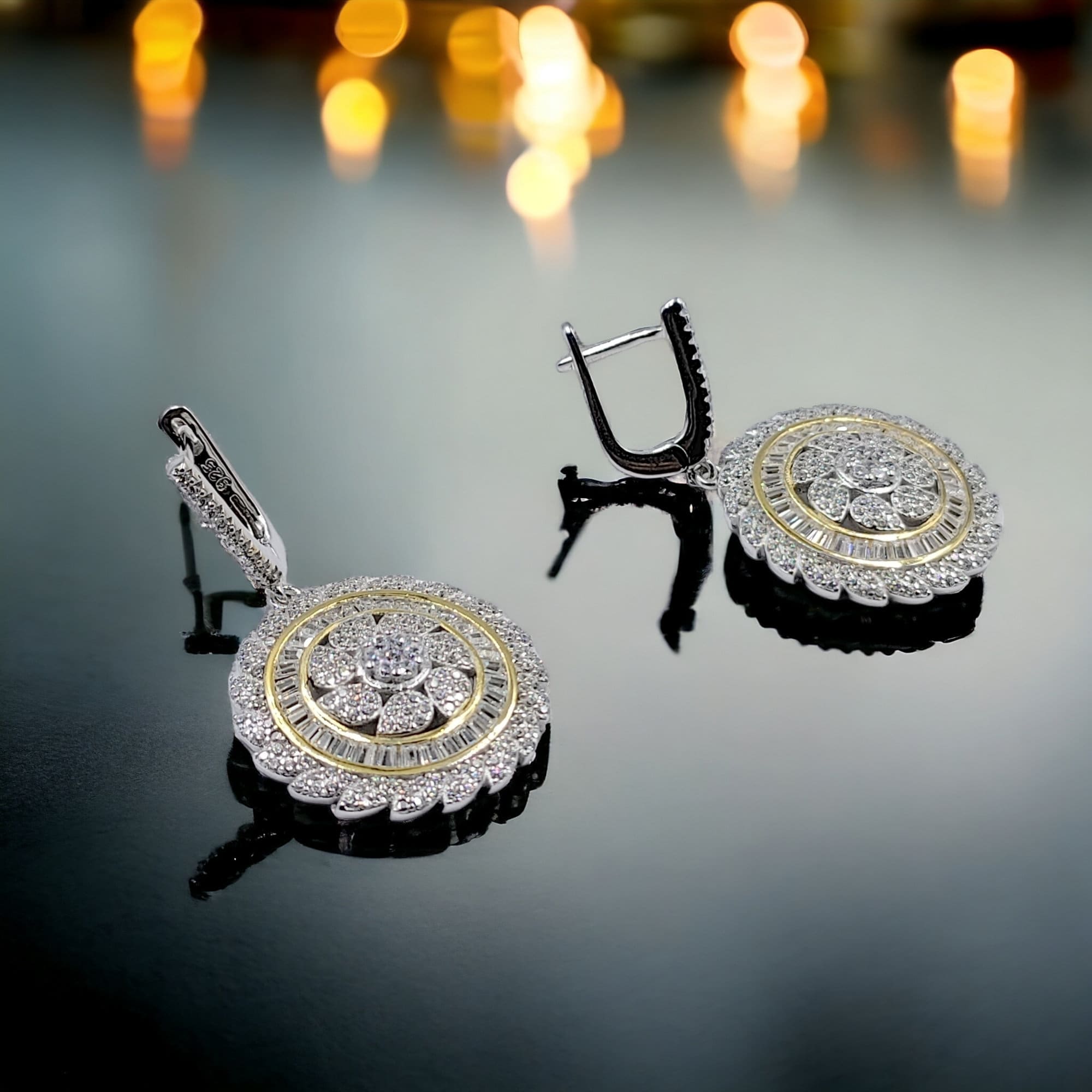 Round Floral Design Cubic Zirconia Diamond Dangle Hoop Earring Minimalist Handmade Gift for Engagement,Wedding