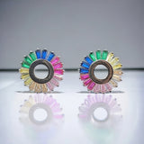 Multi color Sunflower 925 Sterling Silver earrings with Colorful CZ Circle Floral Studs