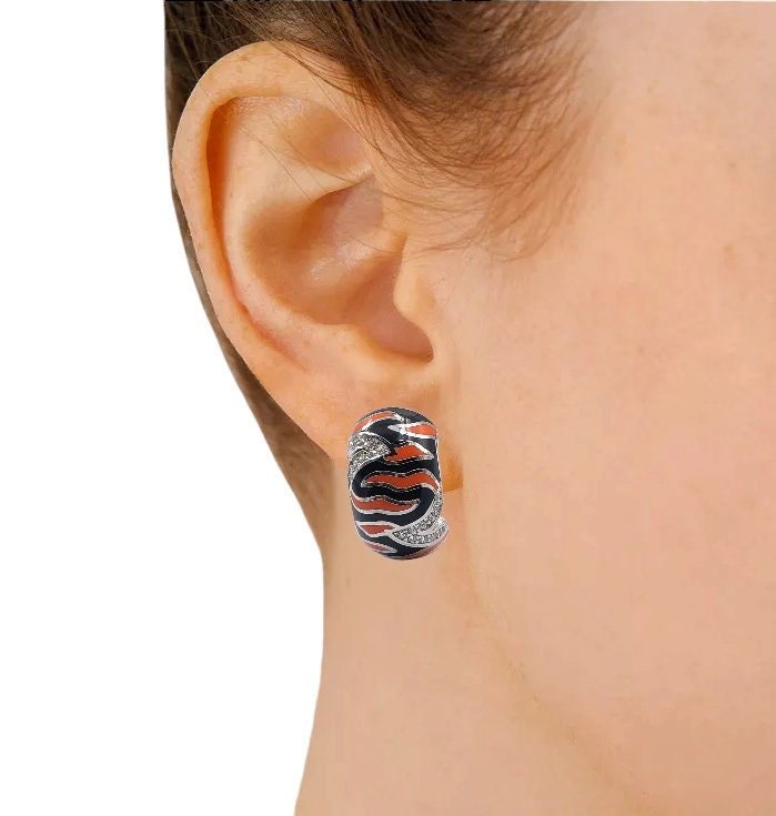 Enamel Hoop Earring 925 Sterling Silver Leopard Pattern Orange Black Enamel Shiny CZ Earrings Jewelry-18x10 mm