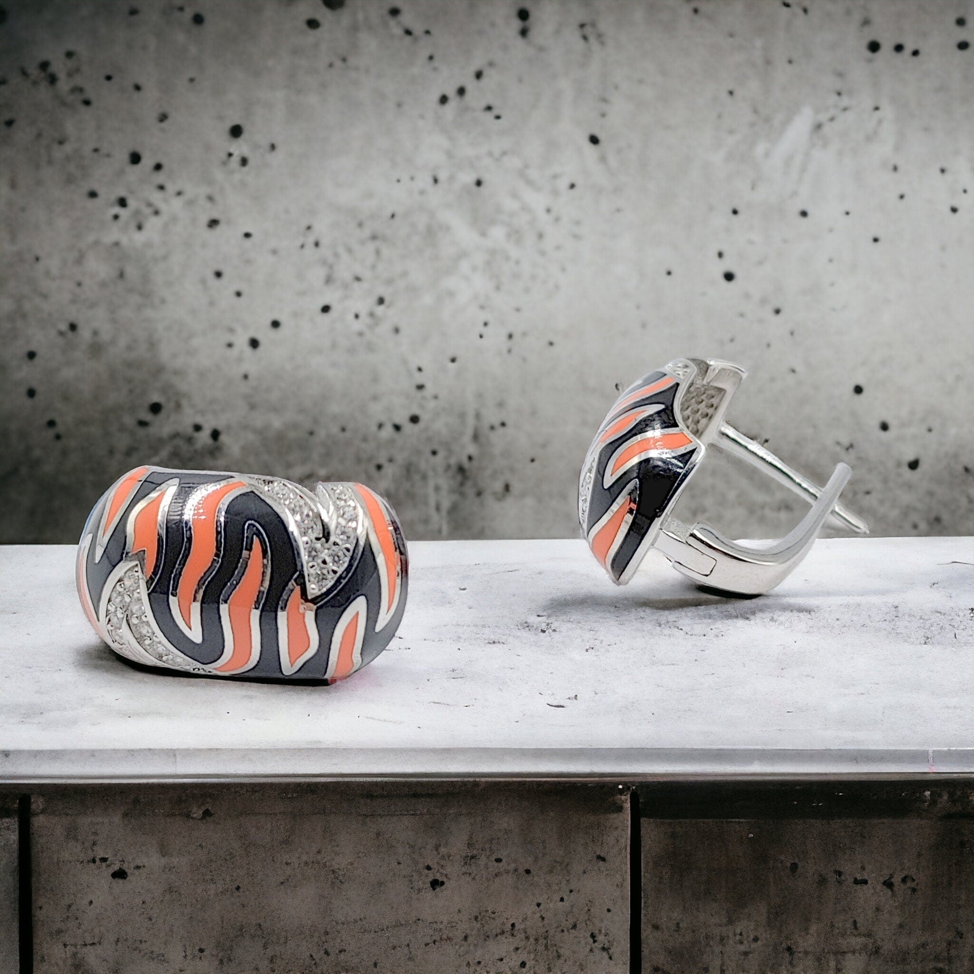 Enamel Hoop Earring 925 Sterling Silver Leopard Pattern Orange Black Enamel Shiny CZ Earrings Jewelry-18x10 mm