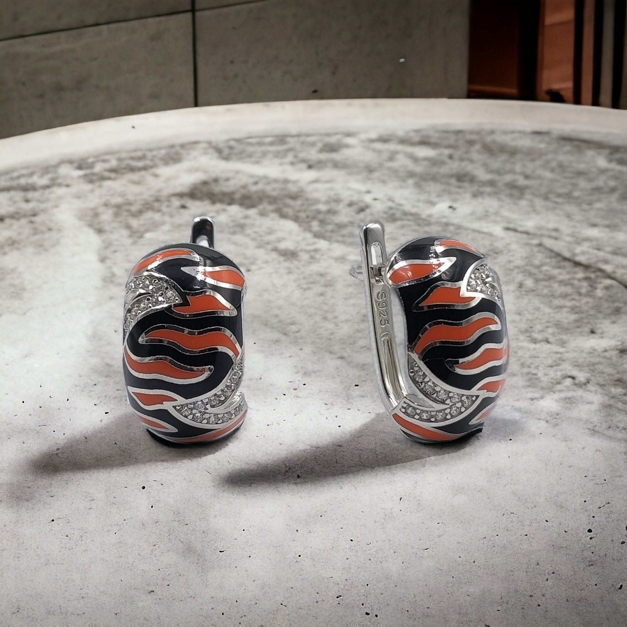 Enamel Hoop Earring 925 Sterling Silver Leopard Pattern Orange Black Enamel Shiny CZ Earrings Jewelry-18x10 mm