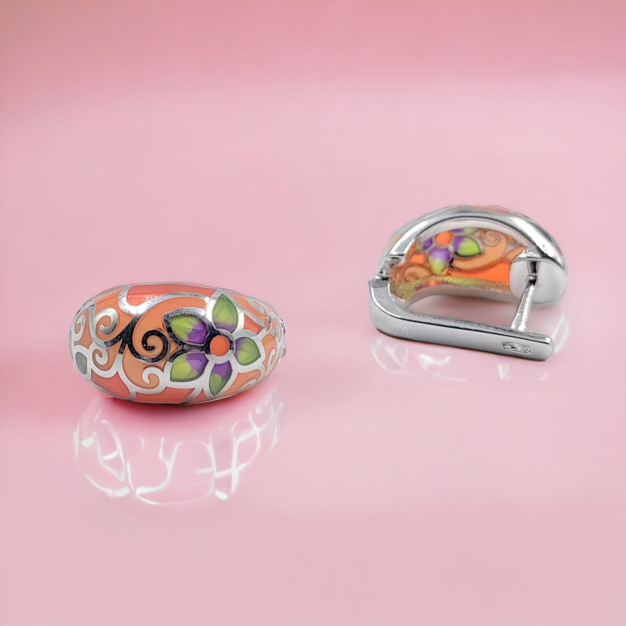 Orange Floral Petal Earrings Classic Trendy Enamel Earrings 925 Sterling Silver Flower Design Hoops-17x10 mm