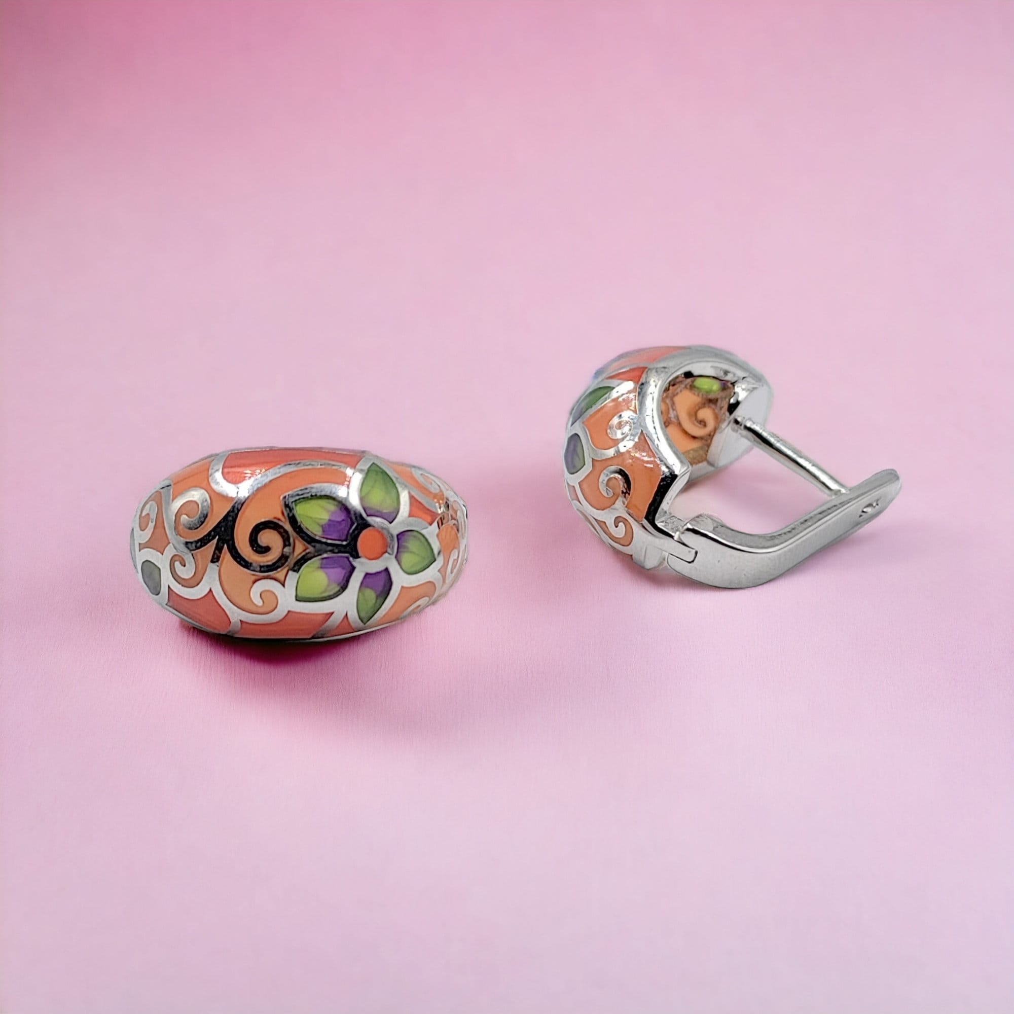 Orange Floral Petal Earrings Classic Trendy Enamel Earrings 925 Sterling Silver Flower Design Hoops-17x10 mm