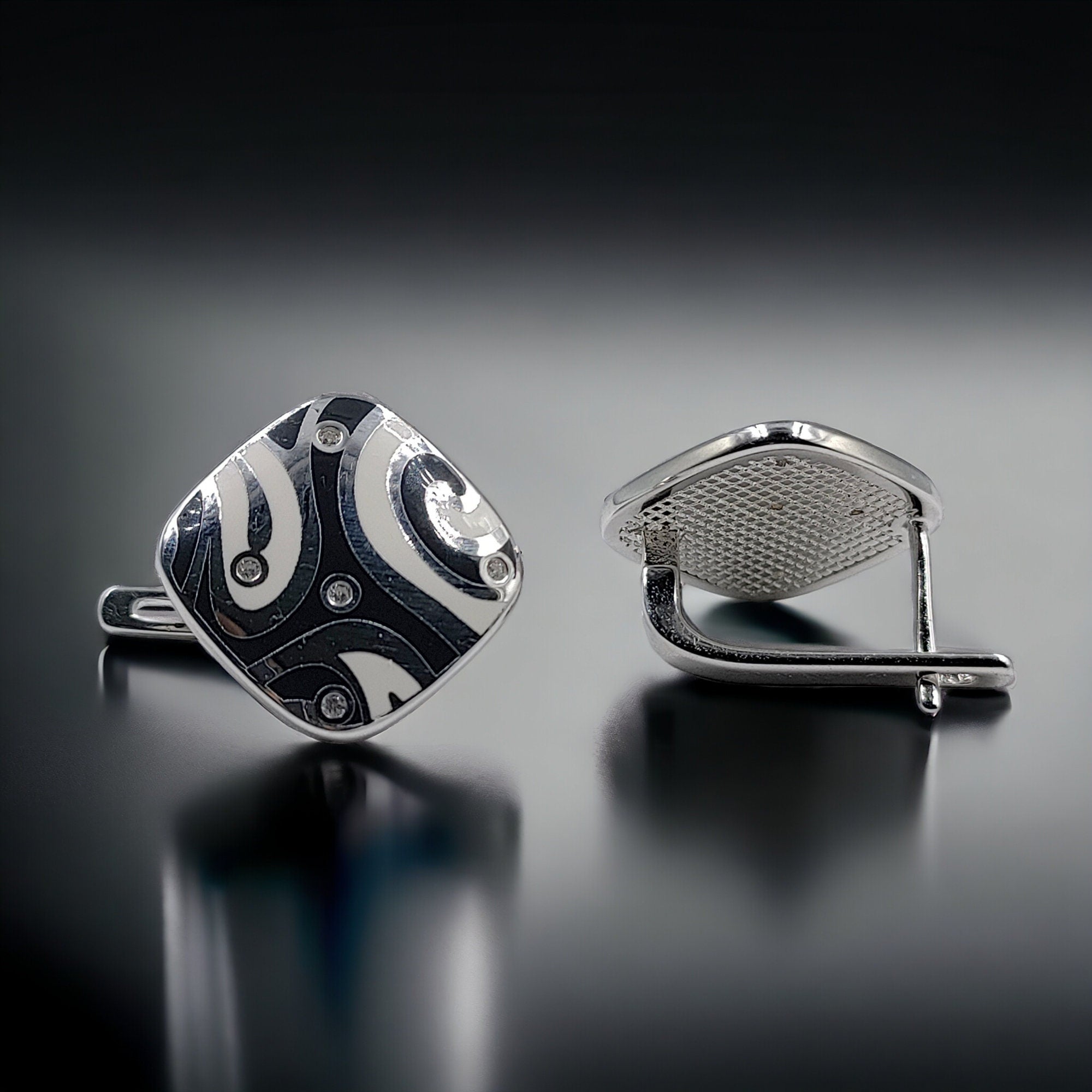 Black and White Swirl Pattern Stud Earrings Women 925 Sterling Silver CZ Statement Enamel Jewelry-18x18 mm