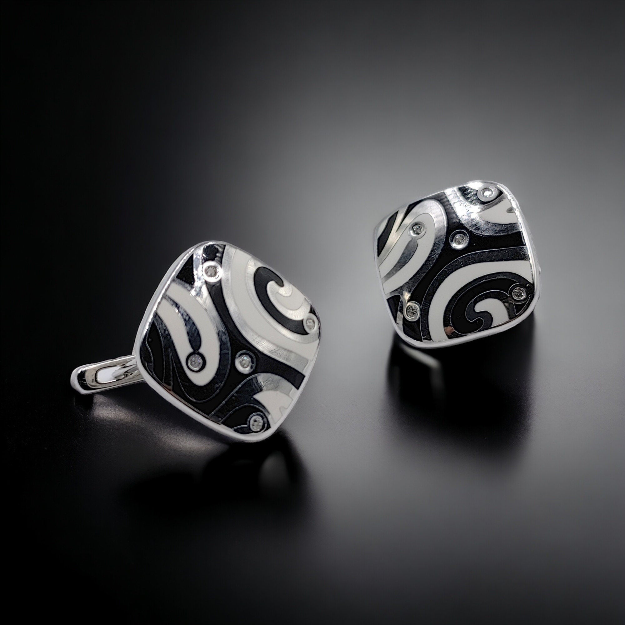 Black and White Swirl Pattern Stud Earrings Women 925 Sterling Silver CZ Statement Enamel Jewelry-18x18 mm