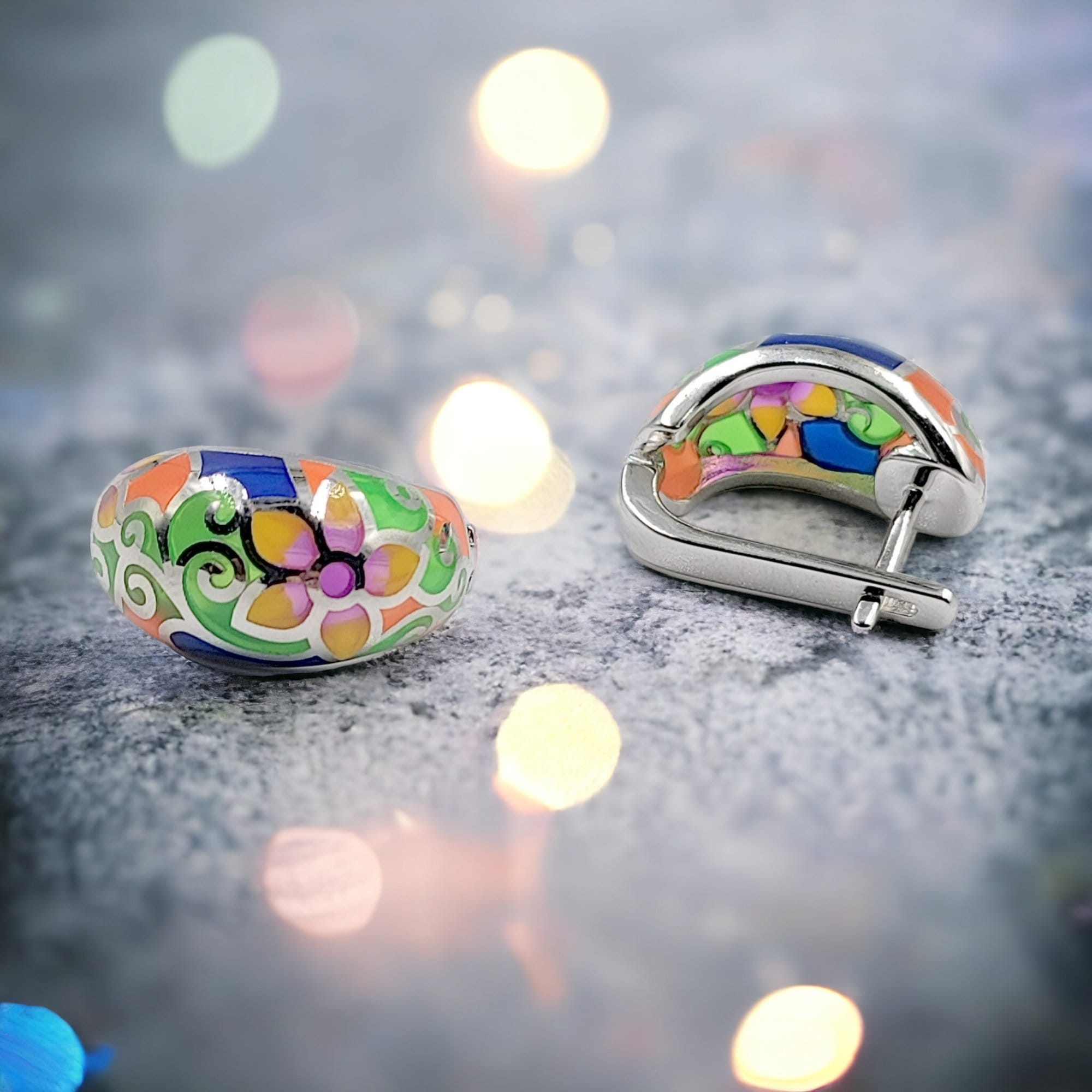 Classic Trendy Floral Petal Enamel Silver Earrings 925 Sterling Silver Floral Hoop Earrings Clip-on-17x9 mm