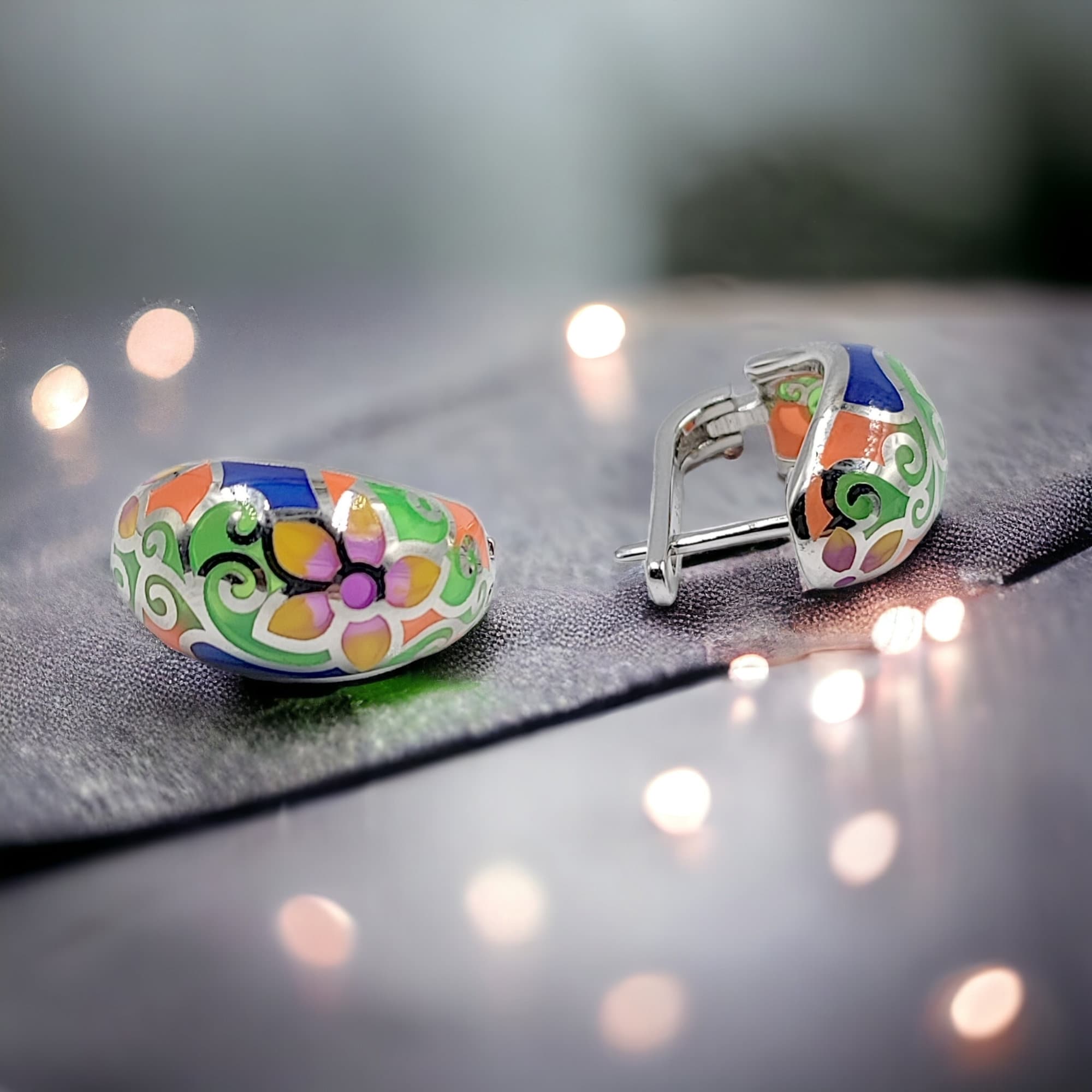 Classic Trendy Floral Petal Enamel Silver Earrings 925 Sterling Silver Floral Hoop Earrings Clip-on-17x9 mm
