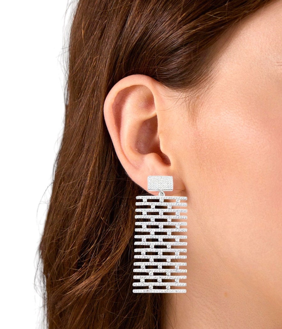 925 Sterling Silver Cubic Zirconia Statement Drop Earrings Dangler Drop Pattern Cocktail Party Earrings Minimalist Handmade Gift