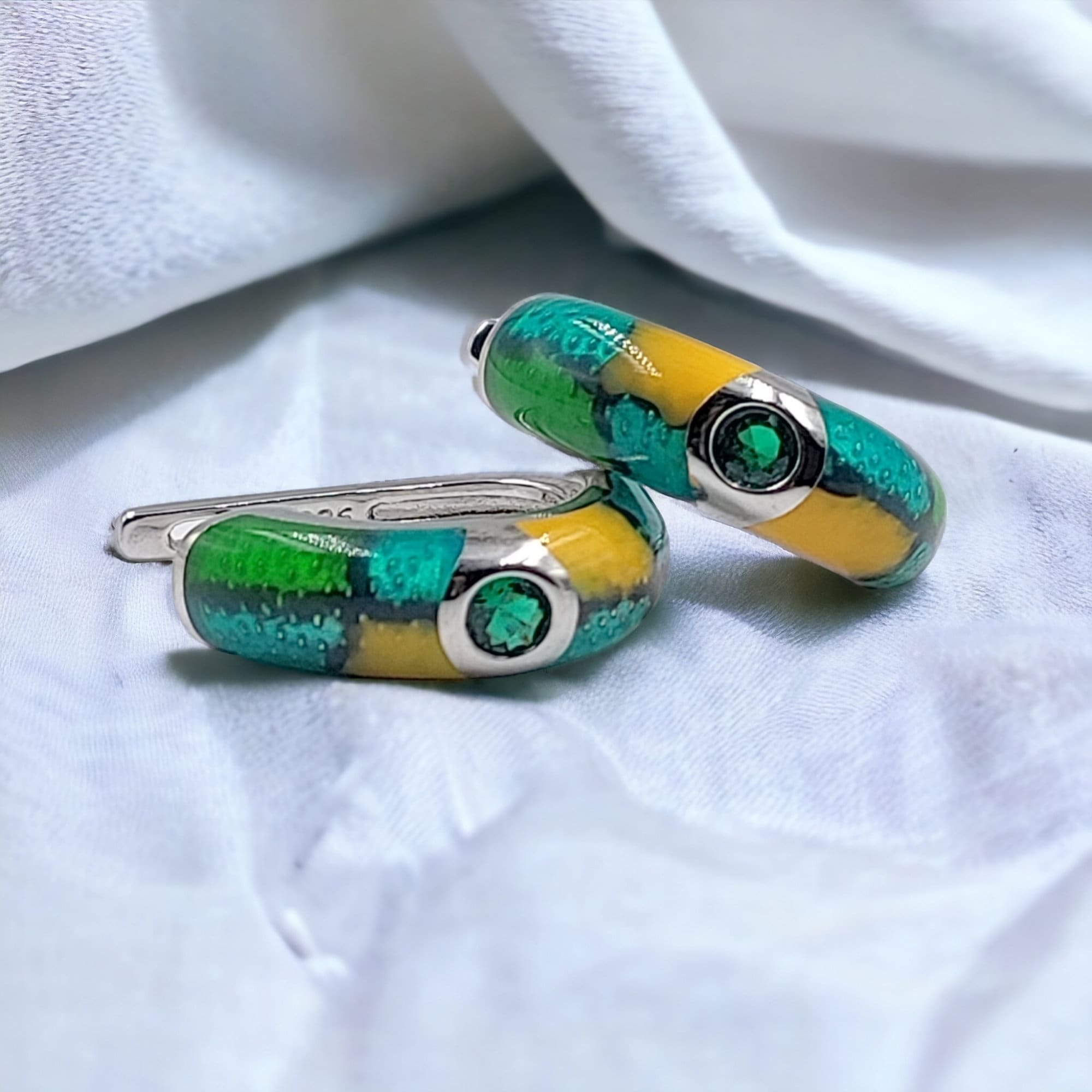 Green Enamel 925 Silver Earrings Rhodium Plated Earrings Small Earrings Mini Art Deco Earrings Minimalist Handmade Gift-18x6 mm