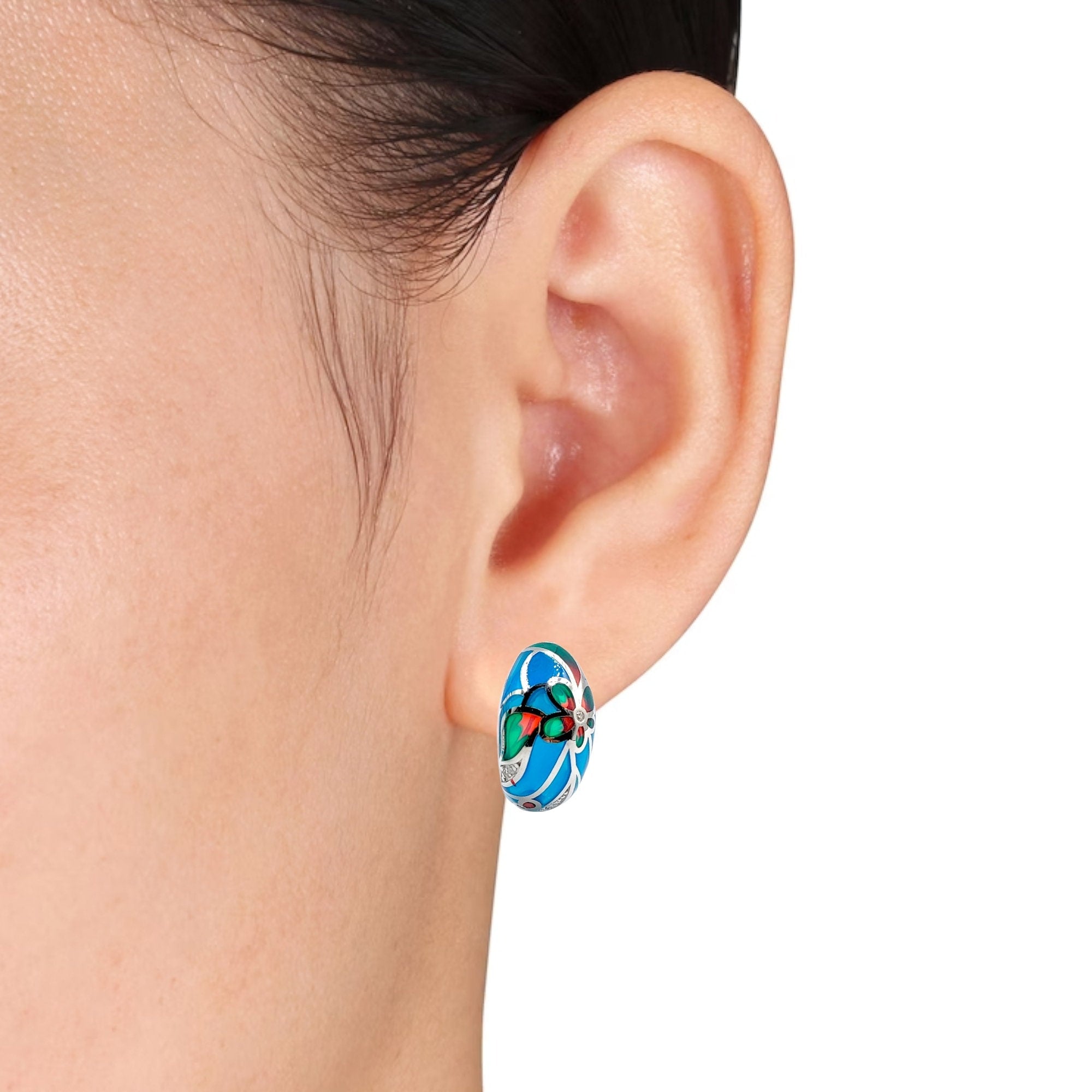 Blue Enamel 925 Silver Earrings Rhodium Plated Earrings Small Earrings Mini Art Deco Earrings Minimalist Handmade Gift-18x9 mm