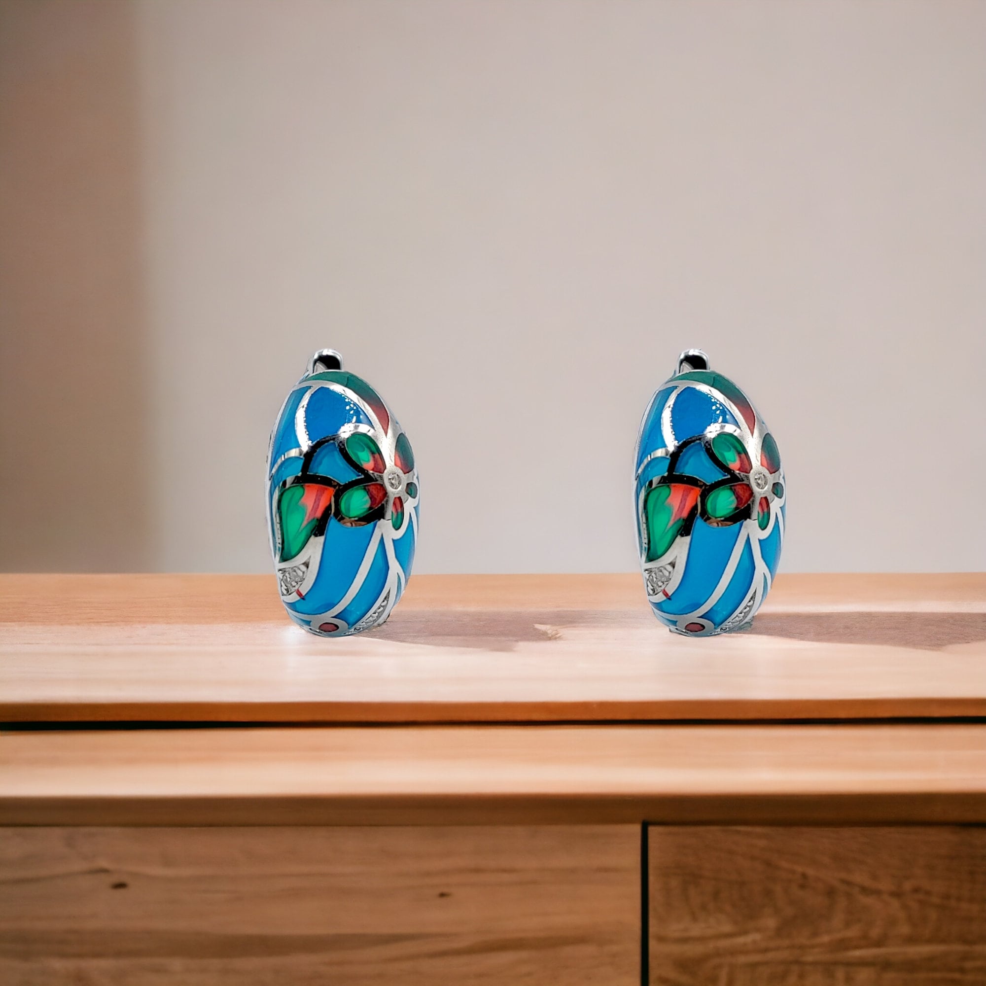 Blue Enamel 925 Silver Earrings Rhodium Plated Earrings Small Earrings Mini Art Deco Earrings Minimalist Handmade Gift-18x9 mm