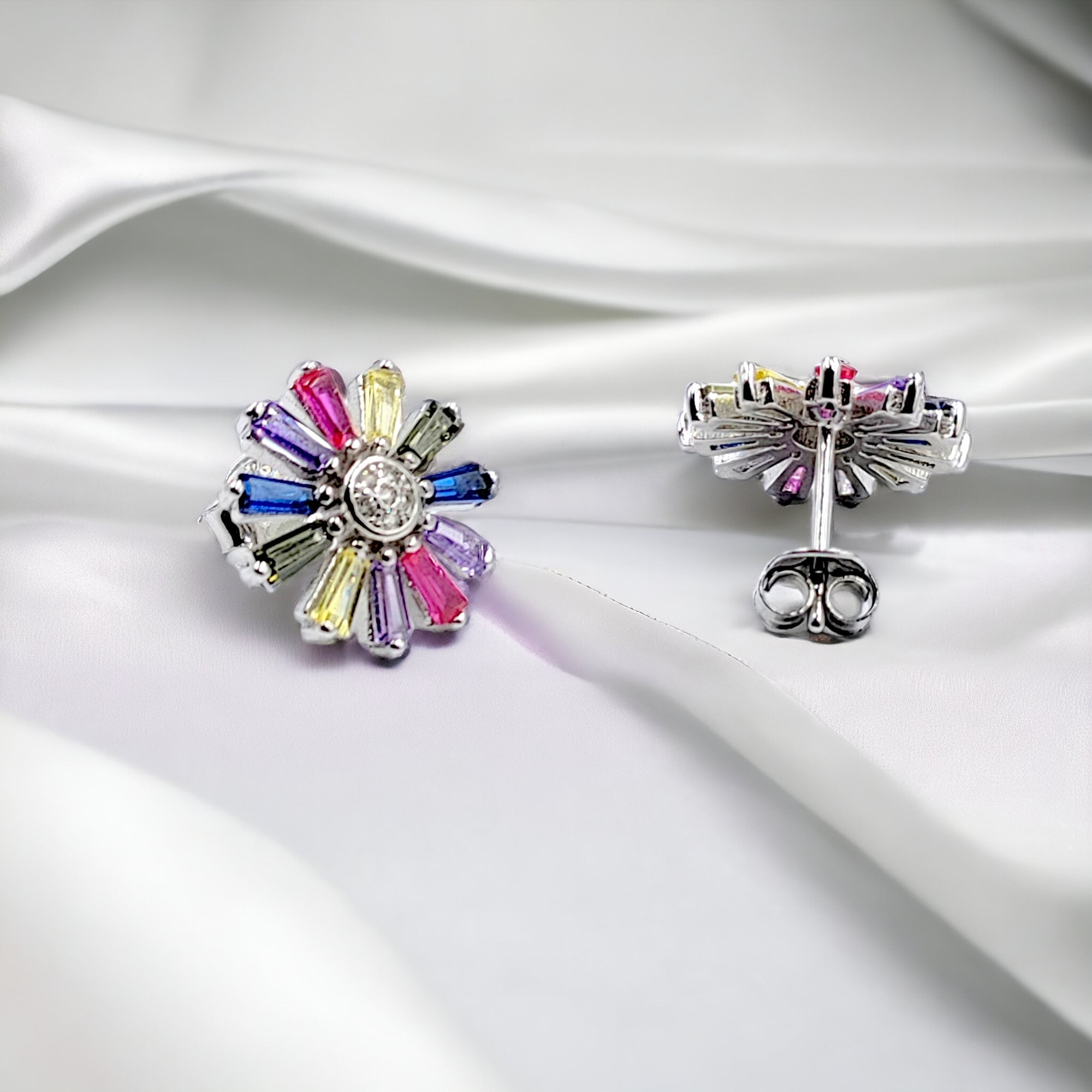 Daisy Colorful Earrings 925 Sterling Silver earrings with Colorful CZ Earrings Circle Floral Bridesmaids Gift