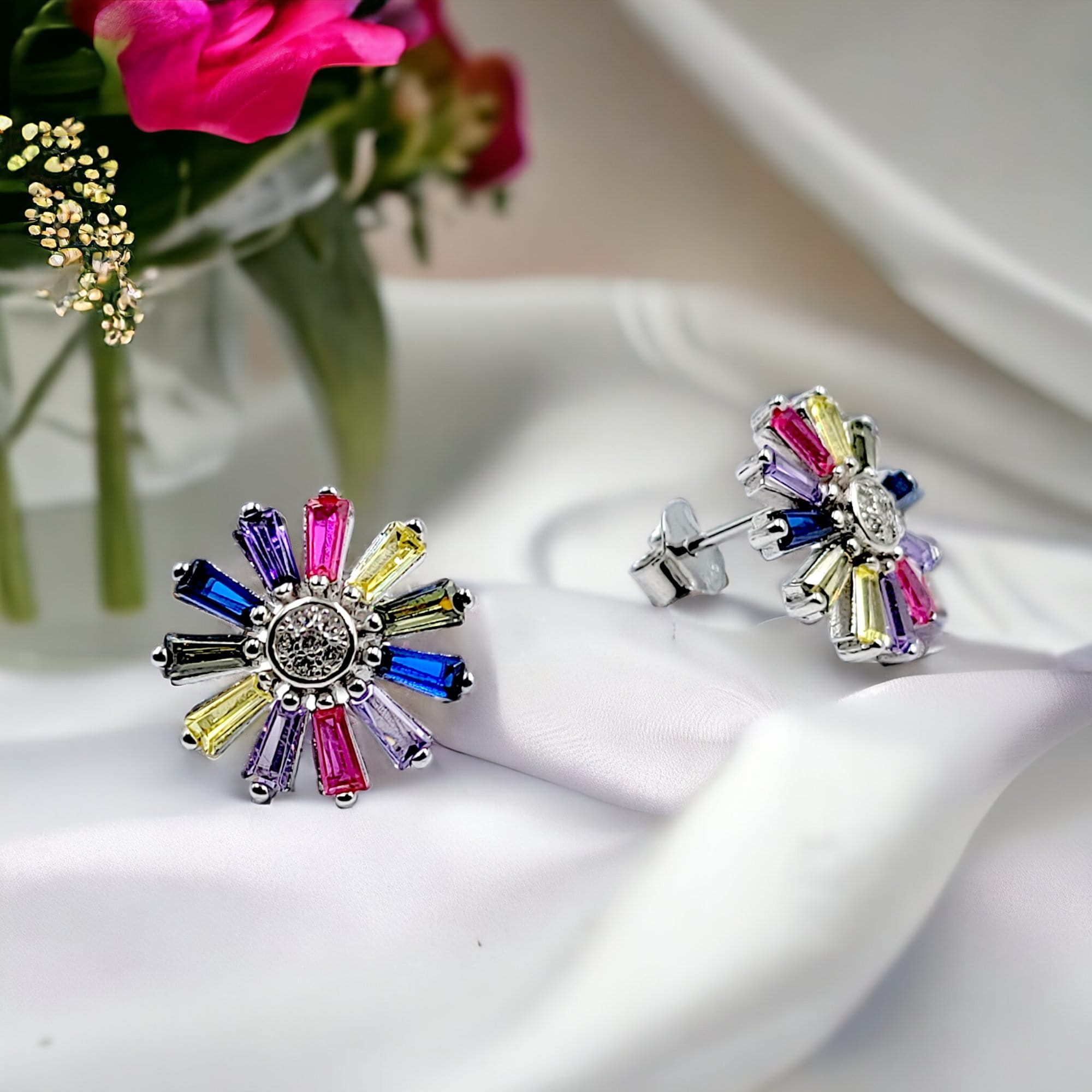 Daisy Colorful Earrings 925 Sterling Silver earrings with Colorful CZ Earrings Circle Floral Bridesmaids Gift