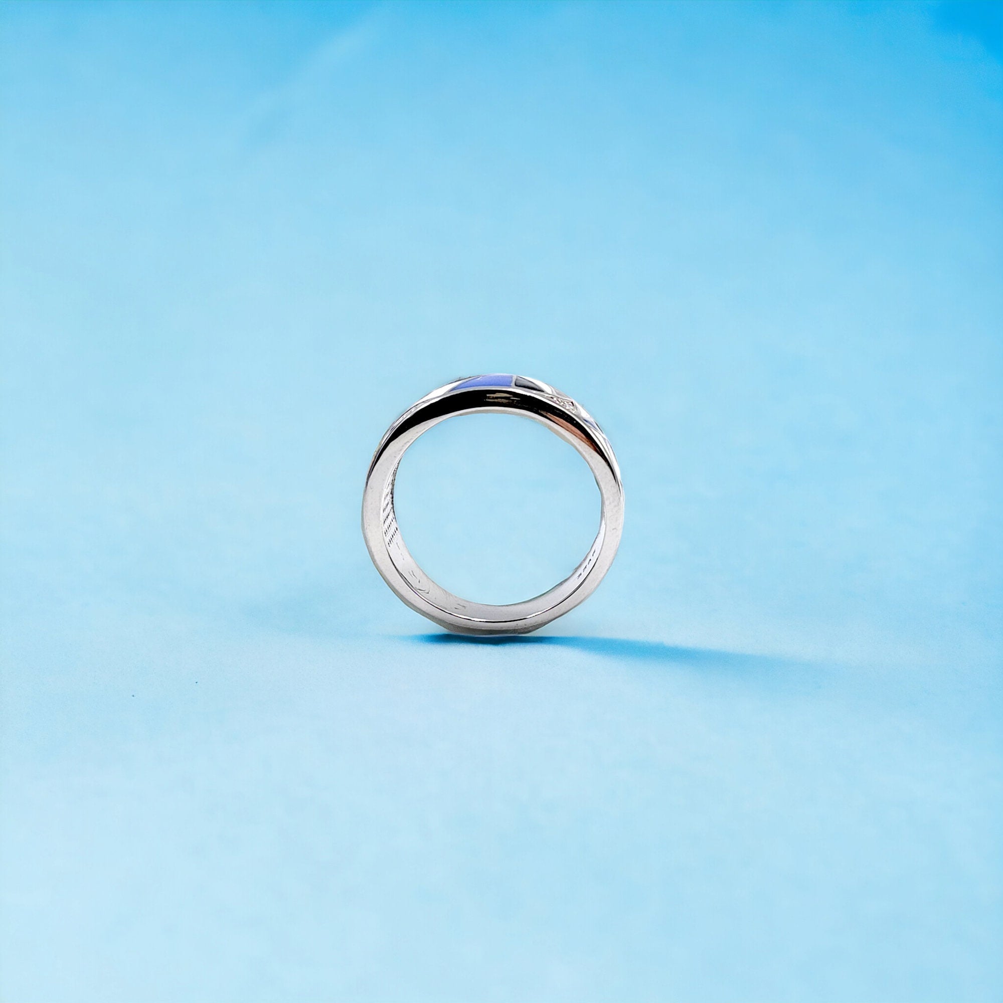 Blue Black Zig Zag Pattern Ring Fine Classic Pave CZ Band With Minimal Design(Size 18)