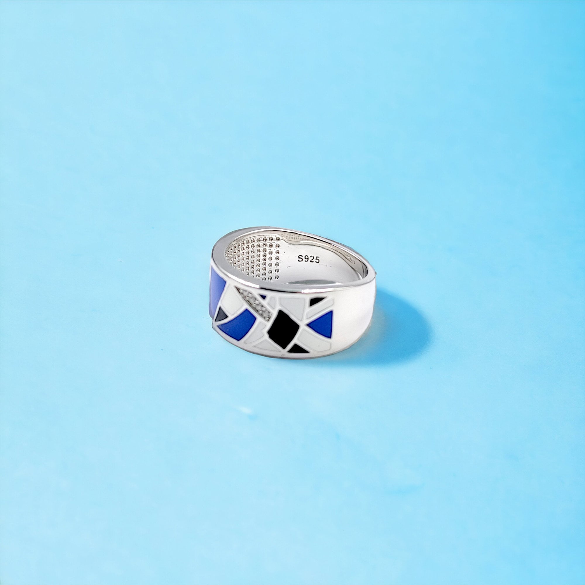 Blue Black Zig Zag Pattern Ring Fine Classic Pave CZ Band With Minimal Design(Size 18)