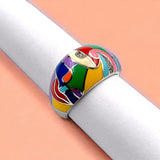 Mutlicolor Enamel Finger Ring Stylish Abstract Art with CZ Ring for Wmen(Size 18)