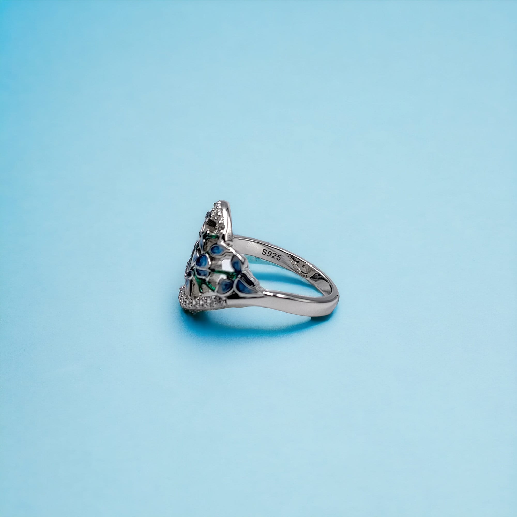 Stunning Cubic Zirconia Floral Petal Enamel Silver Rhodium Plated Ring(Size 18)