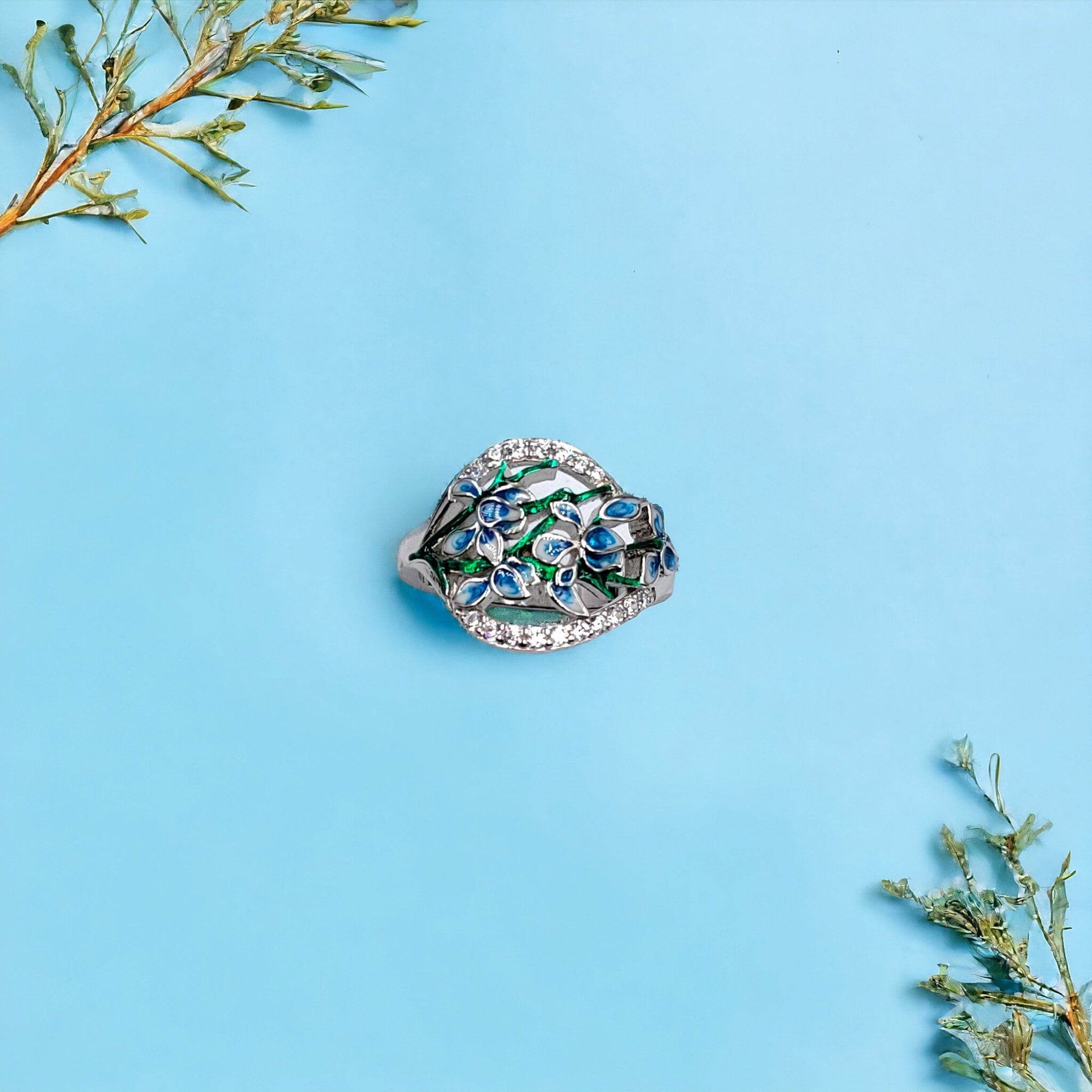 Stunning Cubic Zirconia Floral Petal Enamel Silver Rhodium Plated Ring(Size 18)