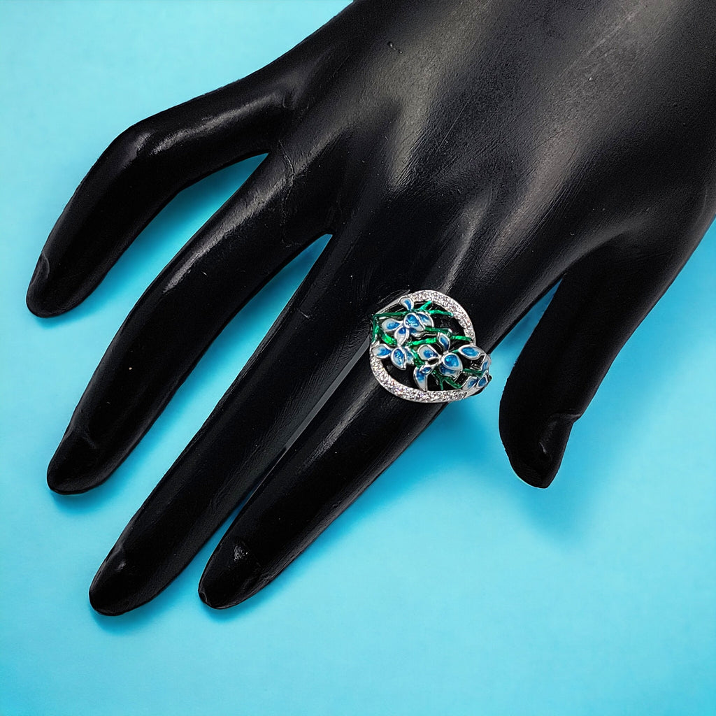 Stunning Cubic Zirconia Floral Petal Enamel Silver Rhodium Plated Ring(Size 18)