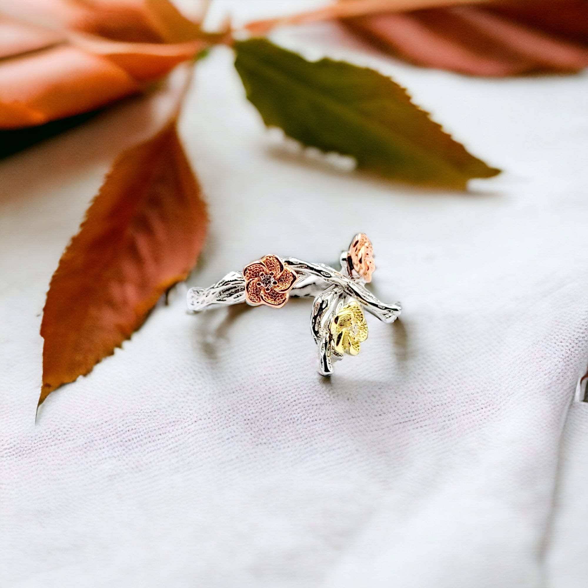Ring for Women Rose Floral Branch Band Delicate Minimalist Handmade Gift for her(Size 18)