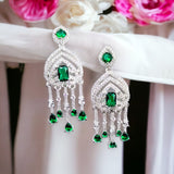 925 Sterling Silver Chandelier Cubic Zirconia Green Embellished Drop Pattern Earrings Minimalist Handmade Gift