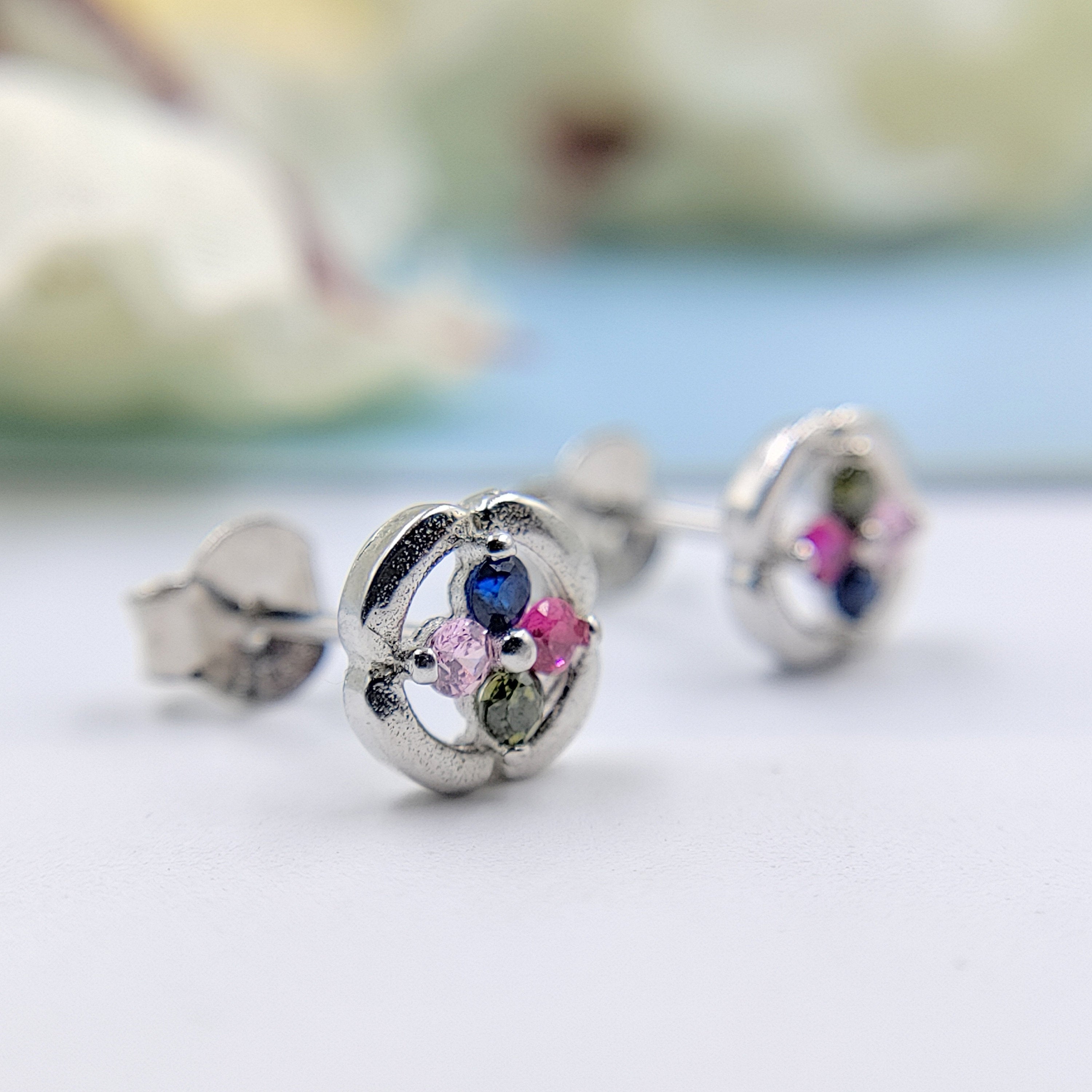 Flower Studs 925 Sterling Silver Multicolor Floral Earrings with Colorful CZ Clover Minimalist Handmade Gift for Mother Daughter