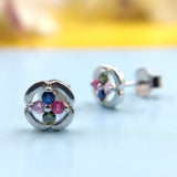 Flower Studs 925 Sterling Silver Multicolor Floral Earrings with Colorful CZ Clover Minimalist Handmade Gift for Mother Daughter