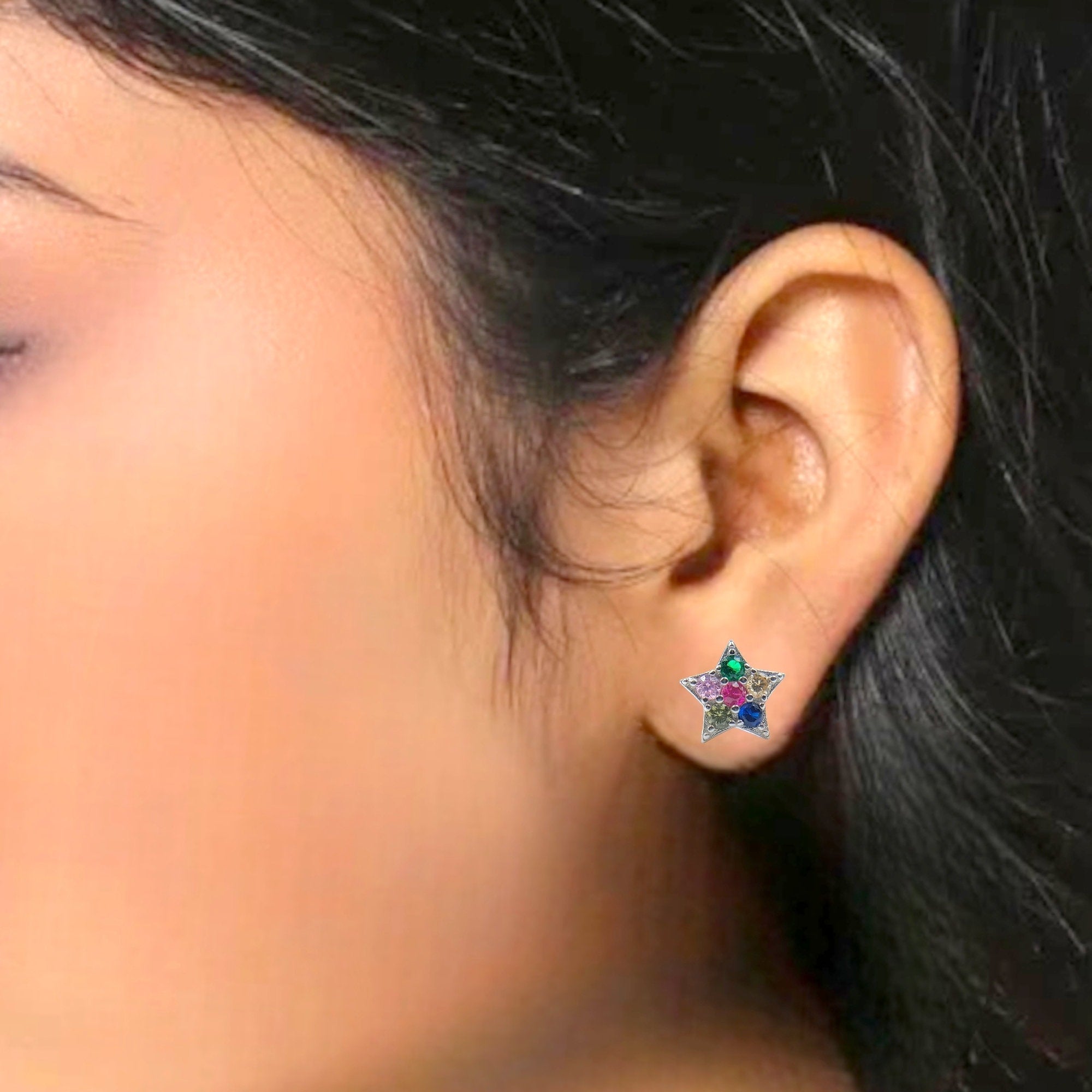 Silver Star of David Studs Earrings Stylish Star Shaped Colorful CZ Diamond Trending Stud Earring Minimalist Handmade Gift