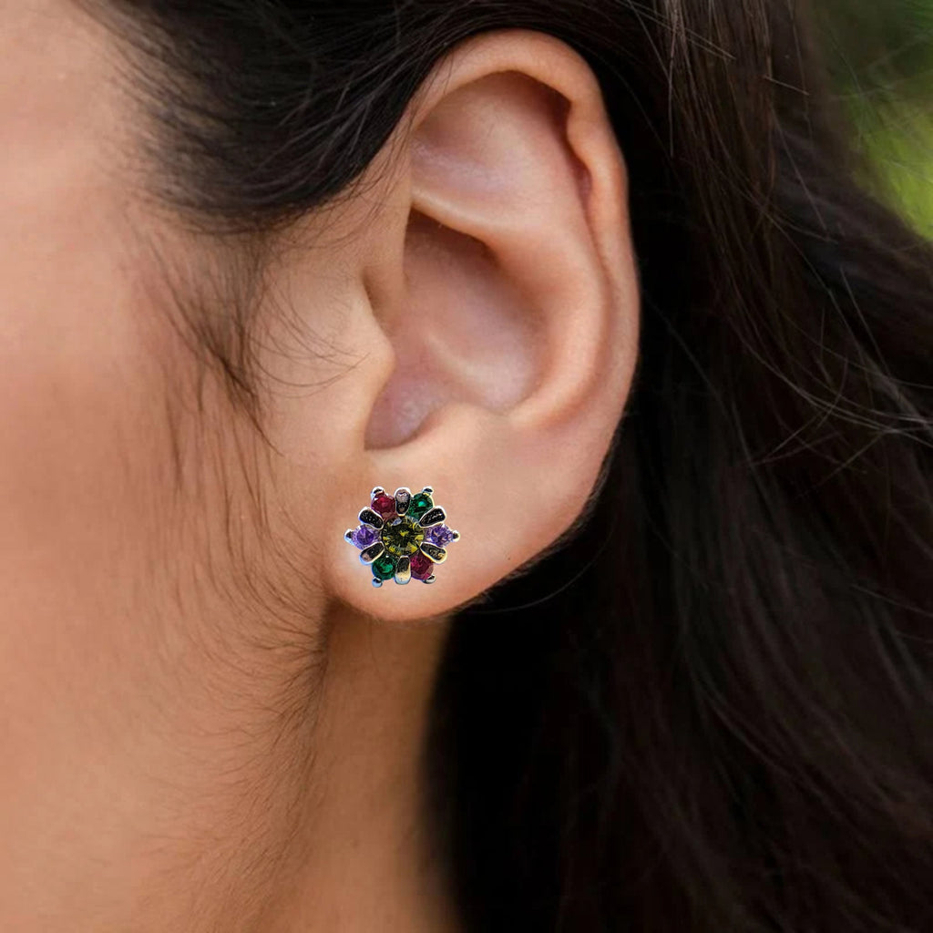 925 Silver Star Round Floral Design Studs Earrings Stylish Colorful Cubic Zirconia Stud Earring