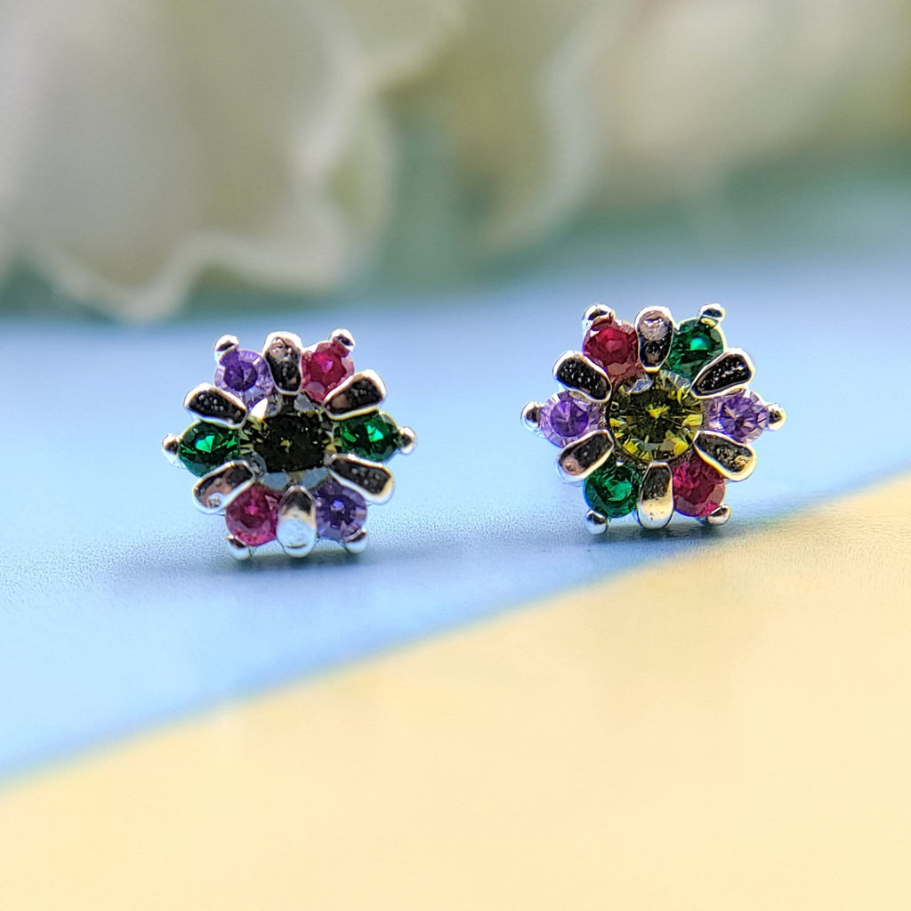 925 Silver Star Round Floral Design Studs Earrings Stylish Colorful Cubic Zirconia Stud Earring