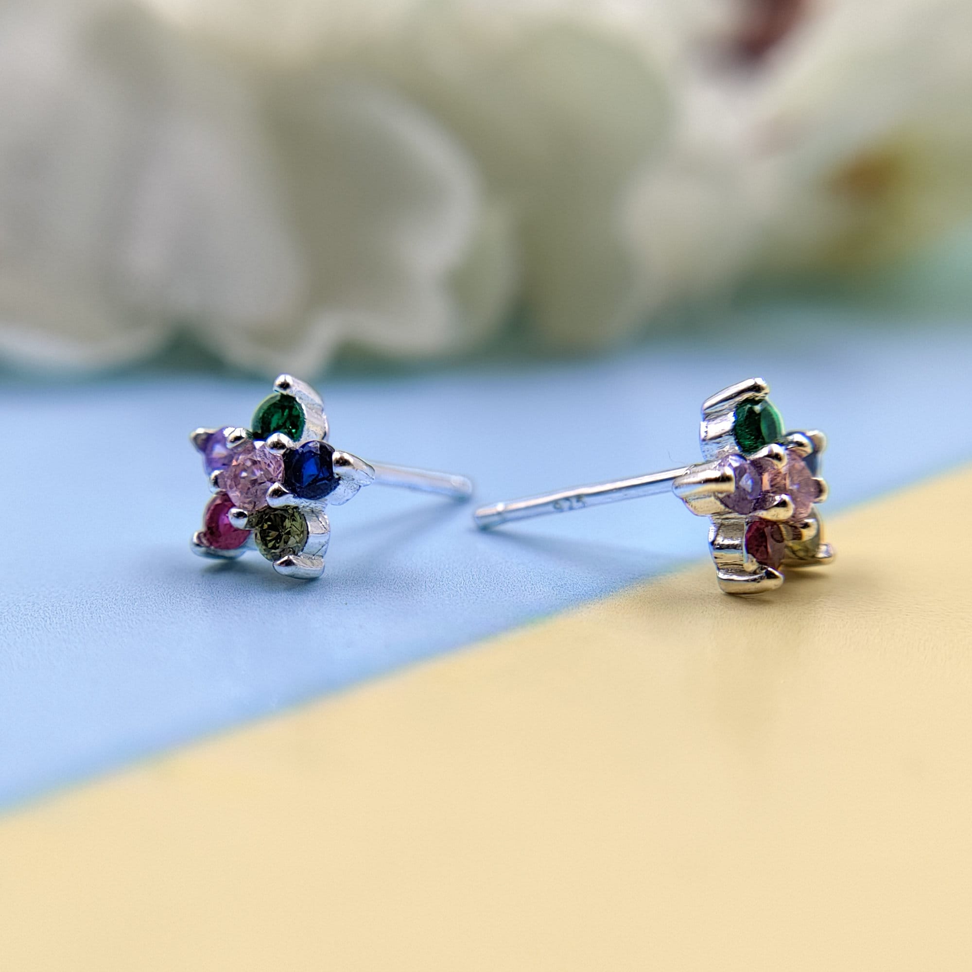 Floral Star of David Studs Earrings Stylish Flower Shaped Colorful CZ Diamond Trending Stud Earring Minimalist Handmade Gift