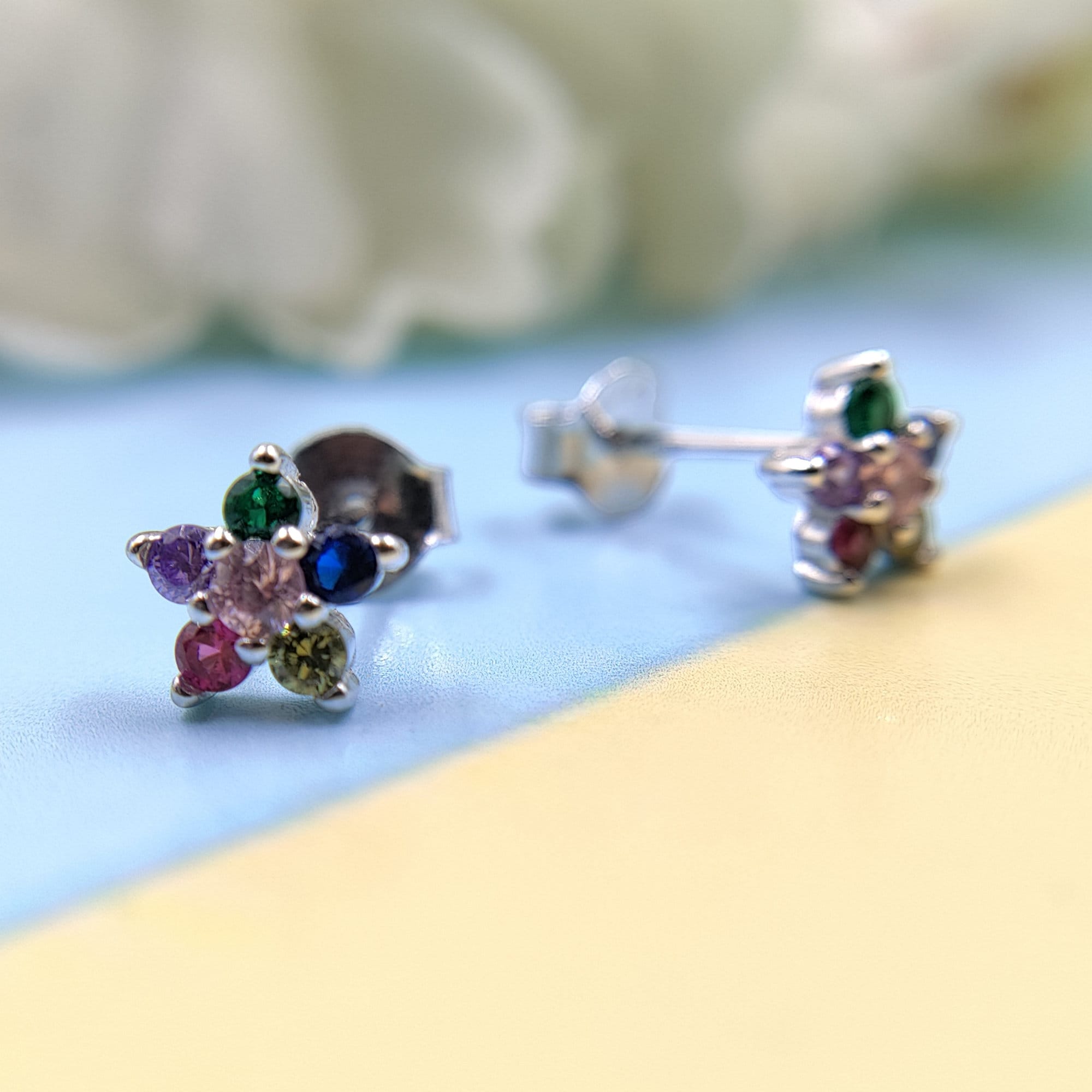 Floral Star of David Studs Earrings Stylish Flower Shaped Colorful CZ Diamond Trending Stud Earring Minimalist Handmade Gift