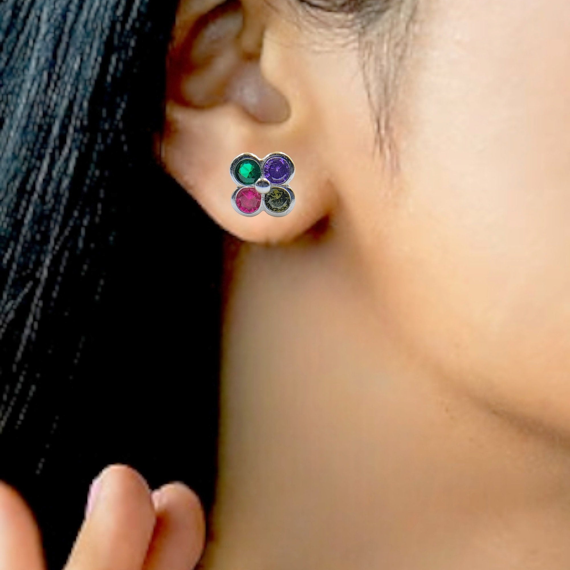 925 Silver Round Floral Design Studs Earrings Stylish Colorful Clover Cubic Zirconia Stud Earring Minimalist Handmade Gift