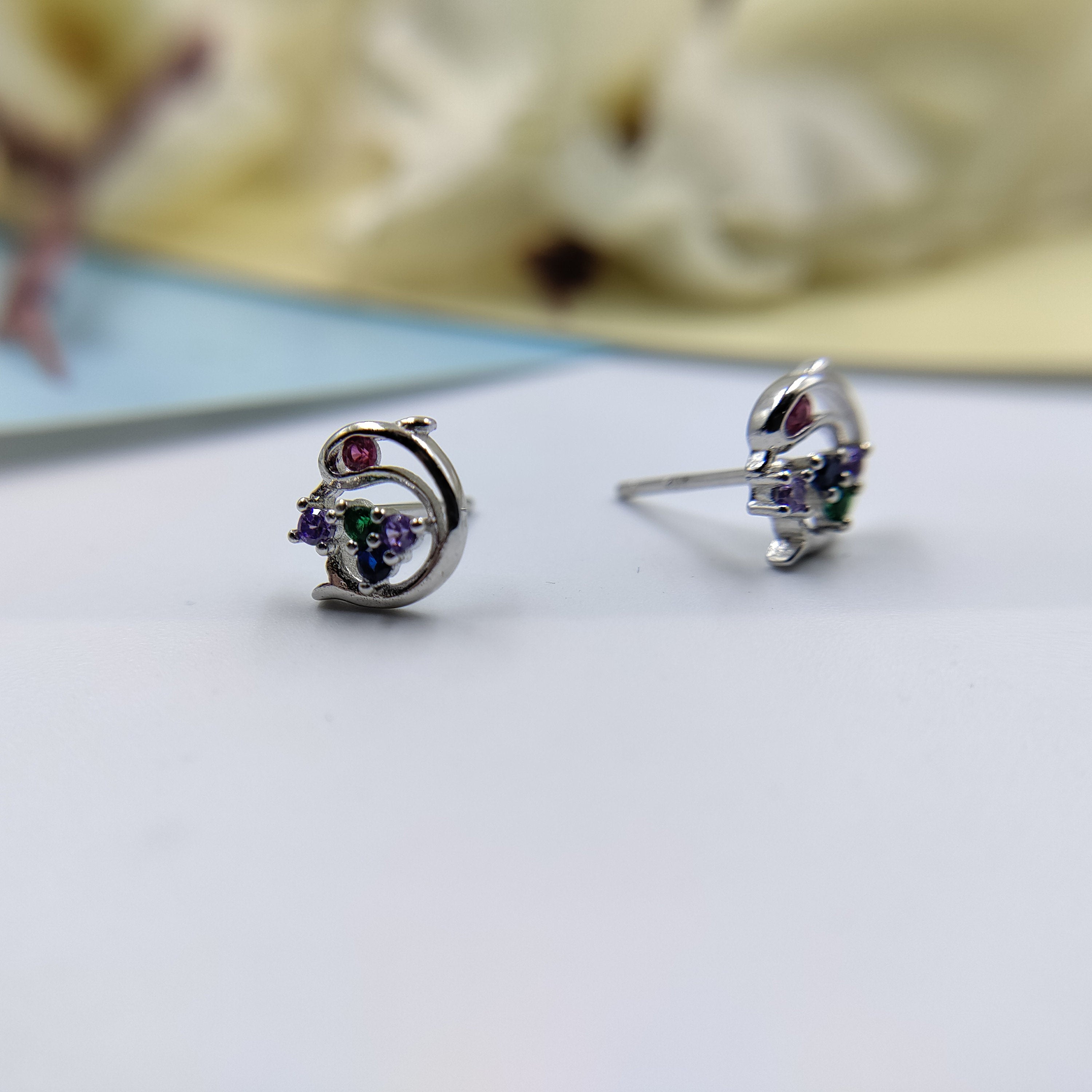 Dolphin Earrings Ocean Animal Multicolor CZ Studs Surfer Diver Jewelry 925 Sterling Silver