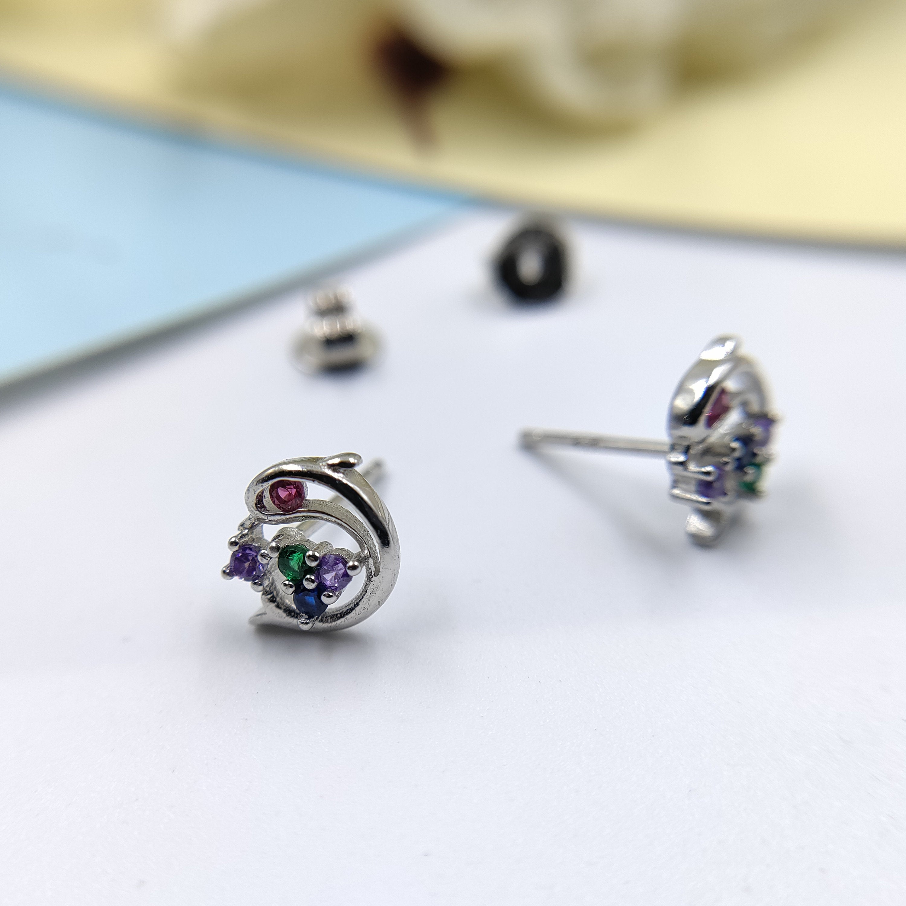 Dolphin Earrings Ocean Animal Multicolor CZ Studs Surfer Diver Jewelry 925 Sterling Silver