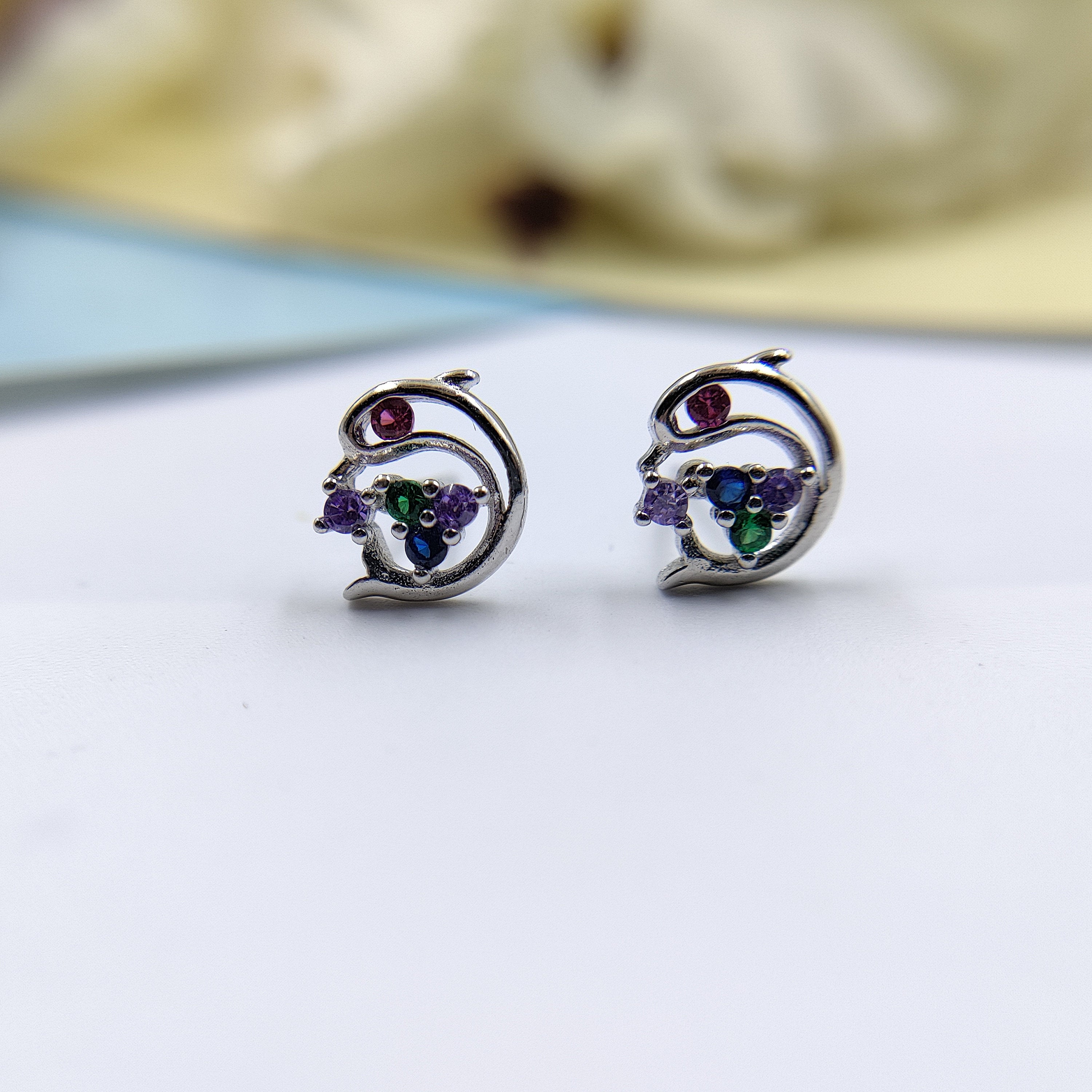 Dolphin Earrings Ocean Animal Multicolor CZ Studs Surfer Diver Jewelry 925 Sterling Silver