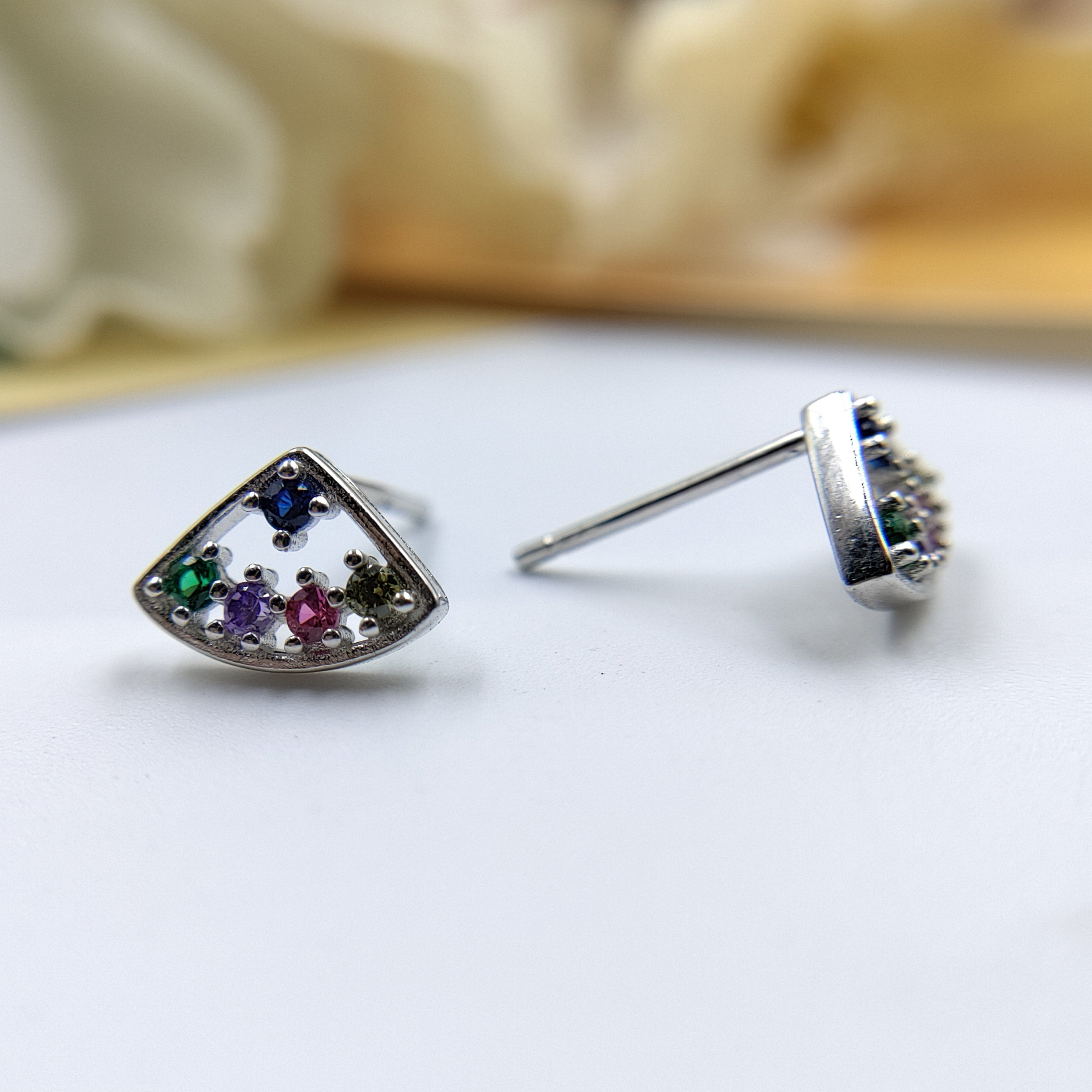 Silver Triangle Stud Earrings with Cubic Zirconia 925 Sterling Silver Pyramid Stud Earrings for Women for Her