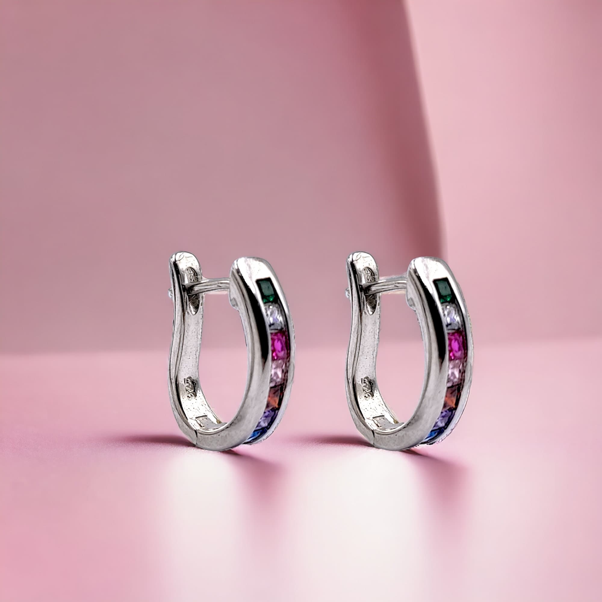 Colorful CZ Hoop Earrings Tiny Micro Pave CZ Round Charm Earrings for Women 925 Sterling Silver-15x3 mm