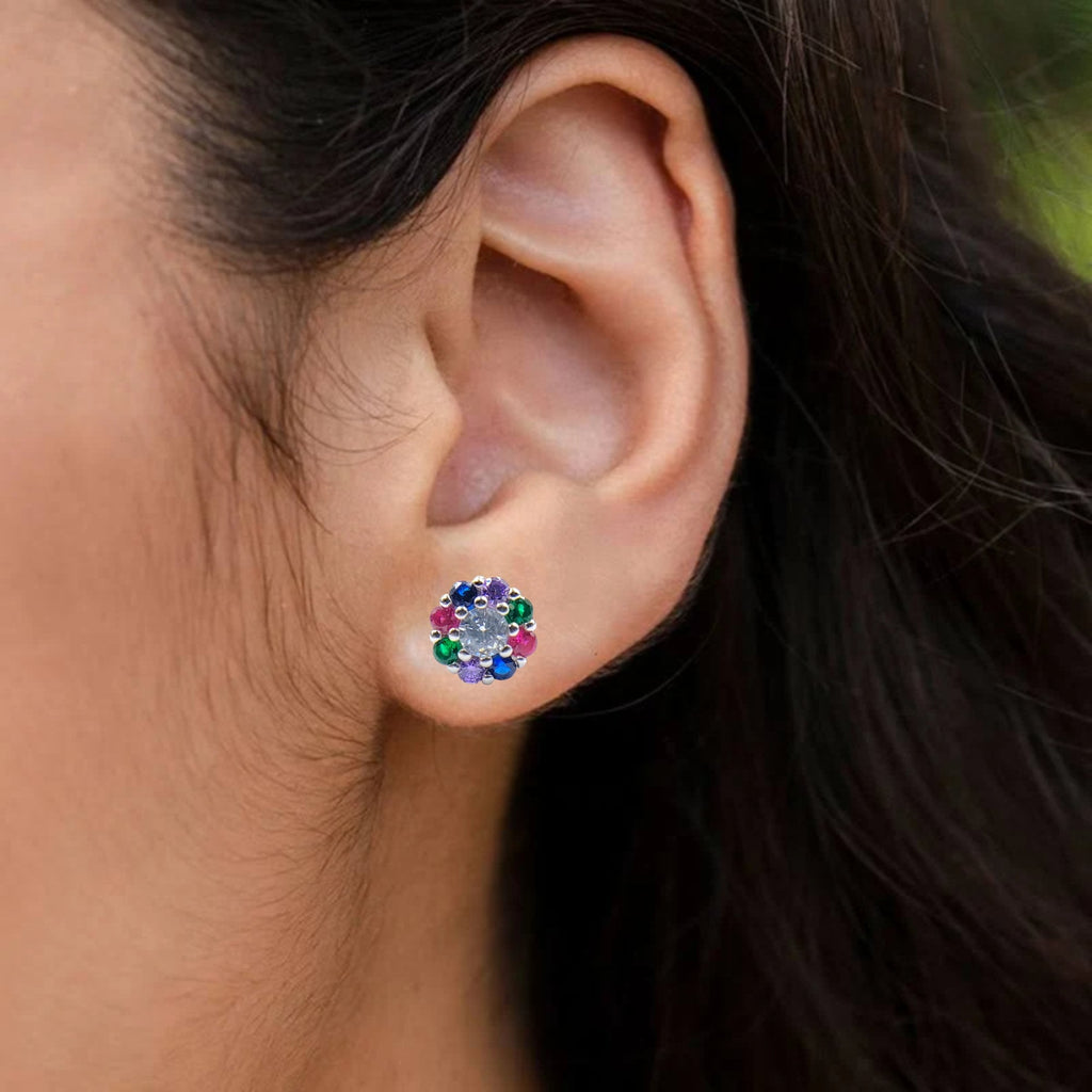 925 Silver Earring with Colorful Flower Jewelry Cubic Zirconia Floral Stud Earring