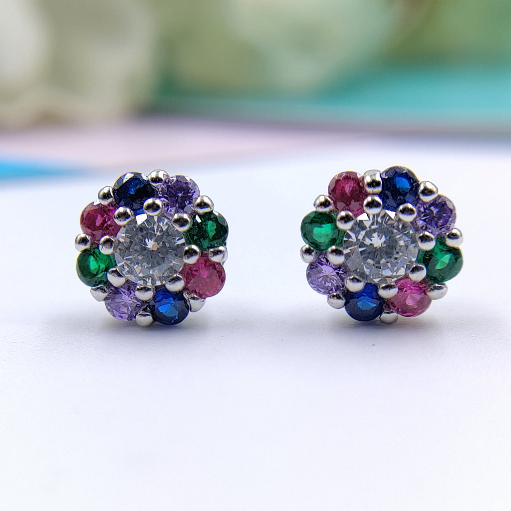 925 Silver Earring with Colorful Flower Jewelry Cubic Zirconia Floral Stud Earring
