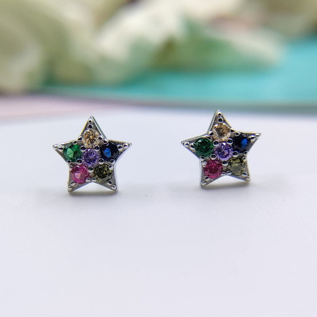 Beautiful Stud Earring Silver 925 Star of David Earrings Stylish Colorful Star CZ
