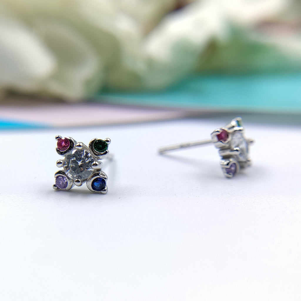 925 Silver Earring Rainbow Flower Stud Earrings Beautiful Stylish Colorful CZ