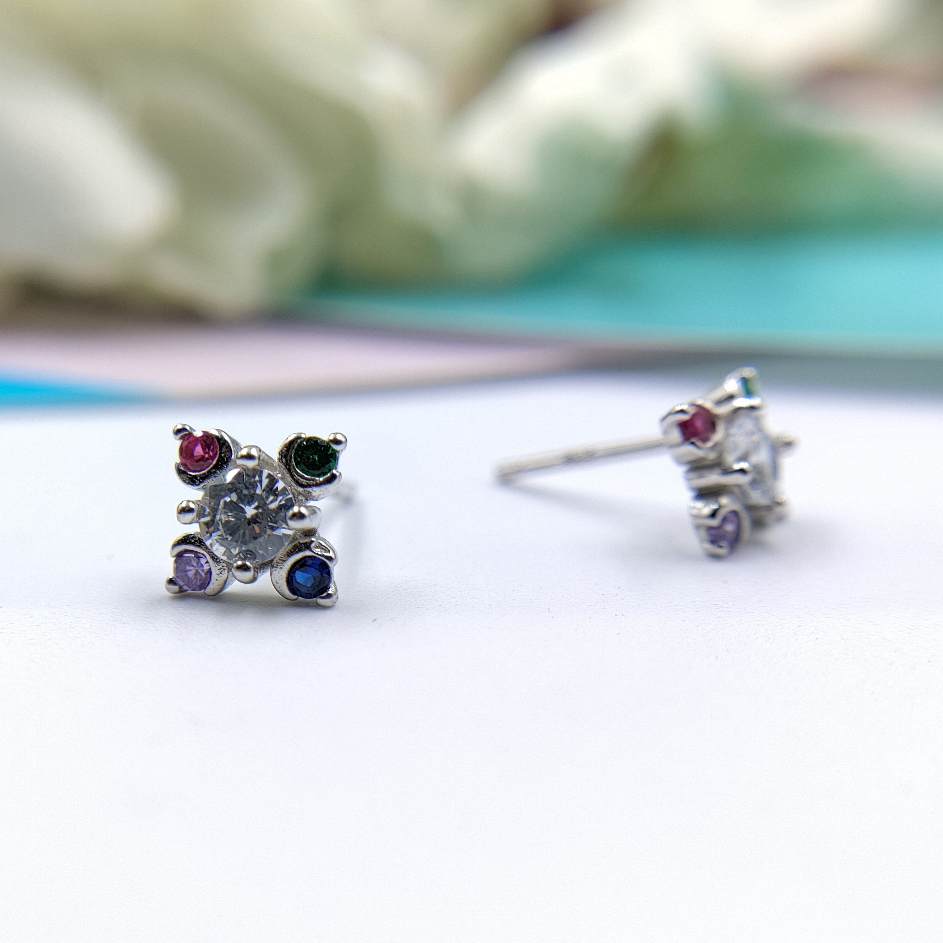 925 Silver Earring Rainbow Flower Stud Earrings Beautiful Stylish Colorful CZ Little Floral Stud Earring Minimalist Handmade Gift