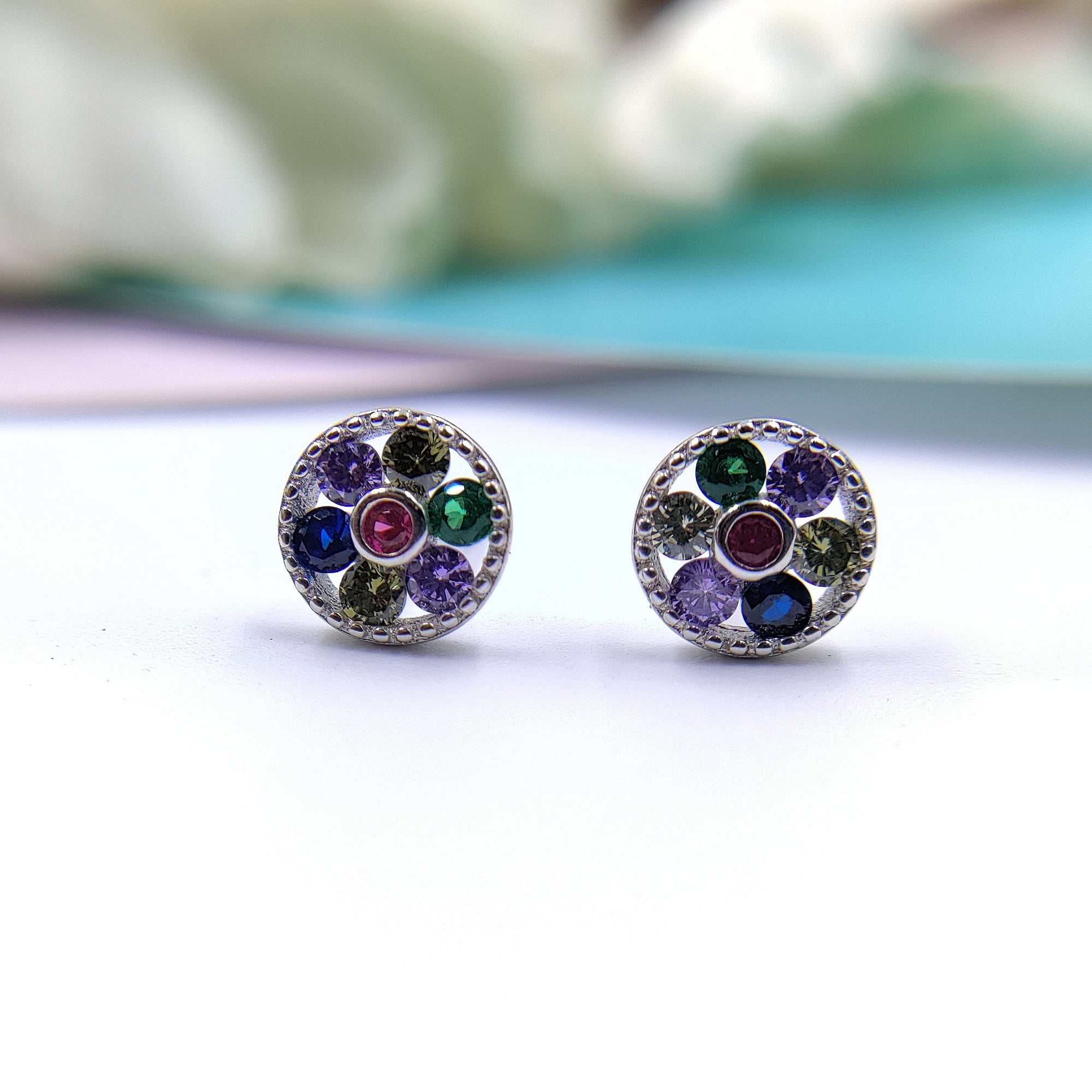 Cubic Zirconia Floral Stud Earring 925 Silver Earring with Colorful Flower Vibrant Stud Stylish Circle Minimalist Handmade Gift
