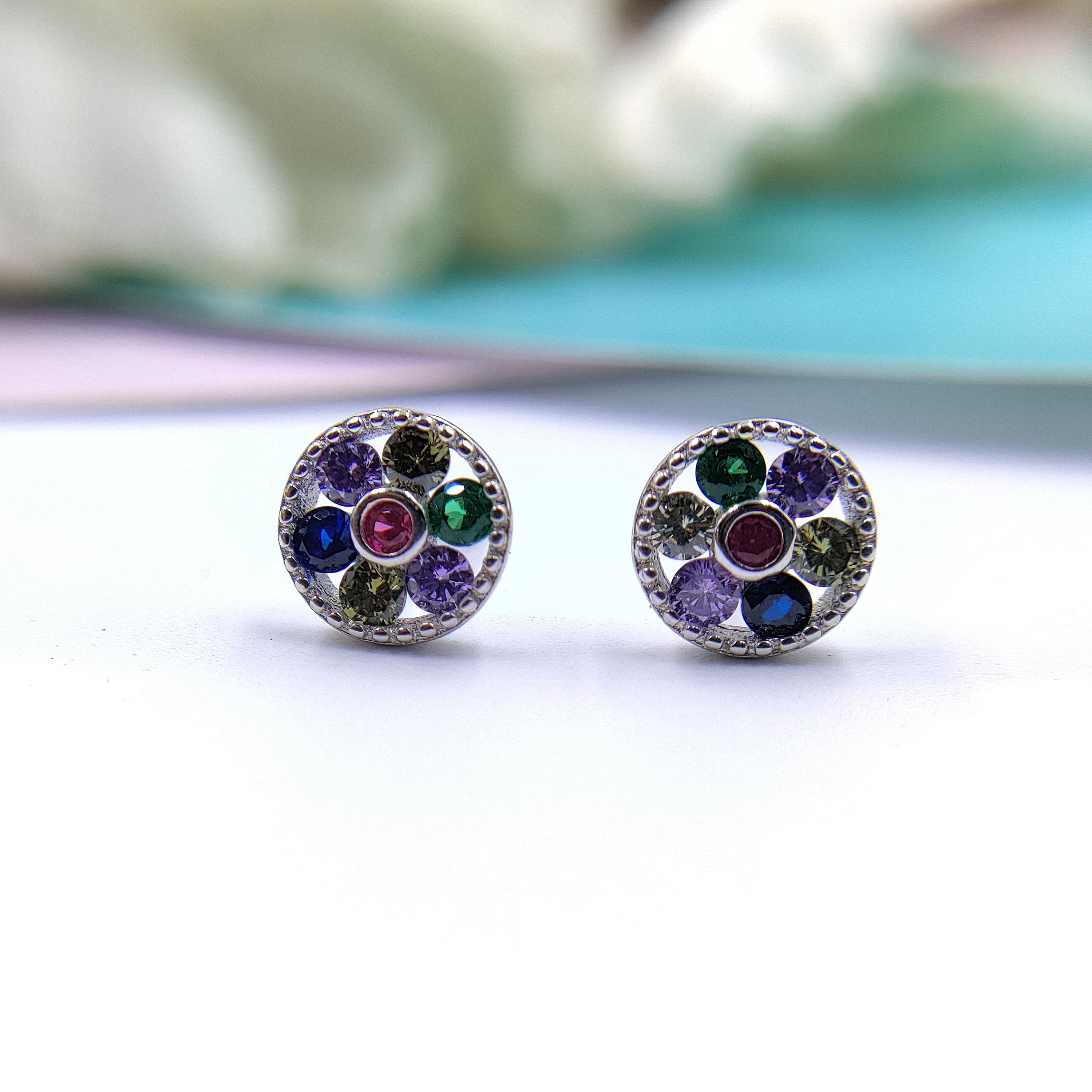 Cubic Zirconia Floral Stud Earring 925 Silver Earring with Colorful Flower Vibrant Stud Stylish Circle Minimalist Handmade Gift
