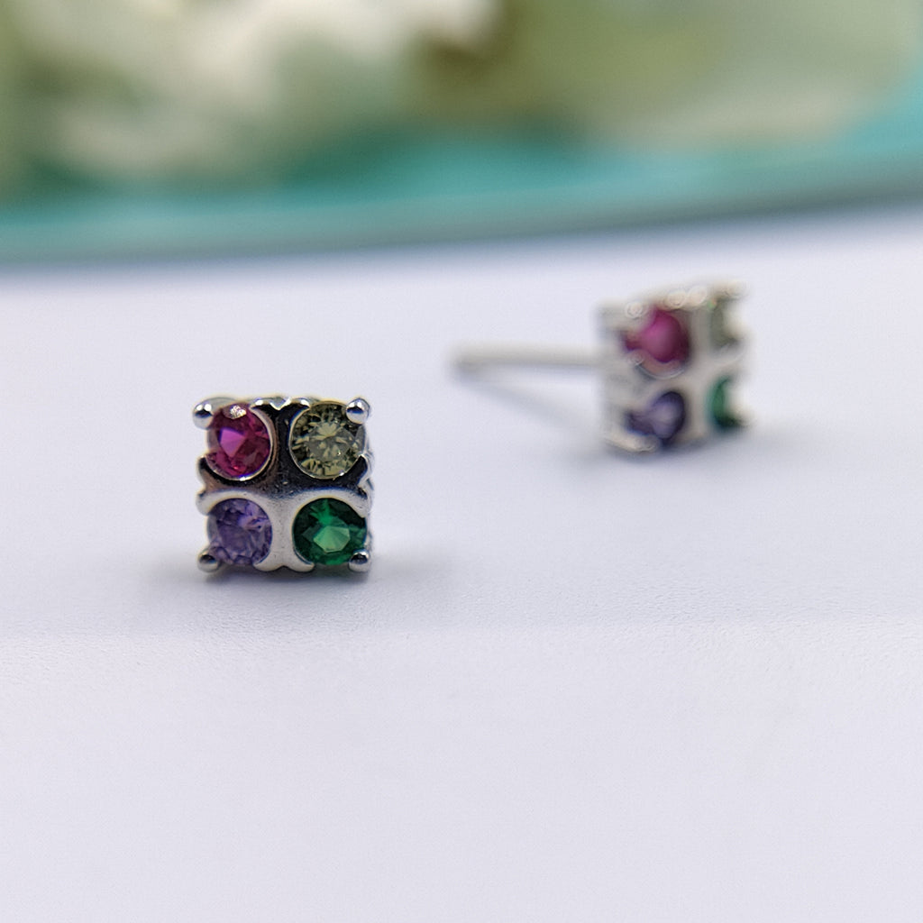 Square Shaped Flower Push Back Earrings CZ Diamonds Sterling Silver 925 Multicolor Floral Design