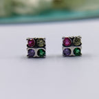 Square Shaped Flower Push Back Earrings CZ Diamonds Sterling Silver 925 Multicolor Floral Design