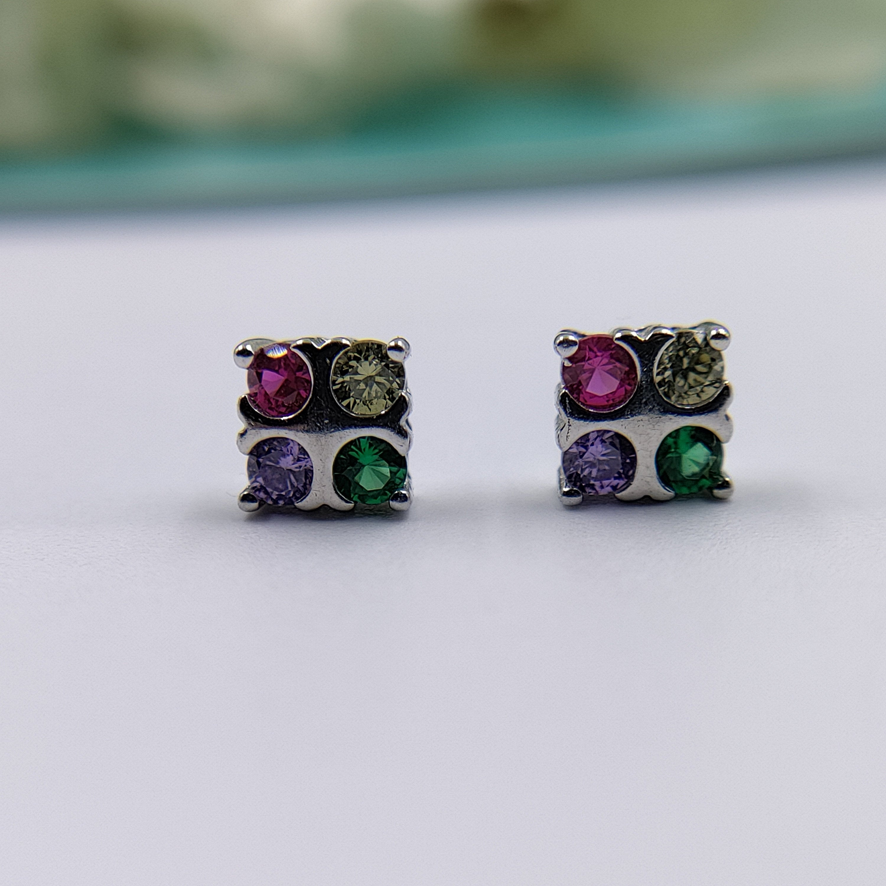 Square Shaped Flower Push Back Earrings CZ Diamonds Sterling Silver 925 Multicolor Floral Design Studs Minimalist Handmade Gift