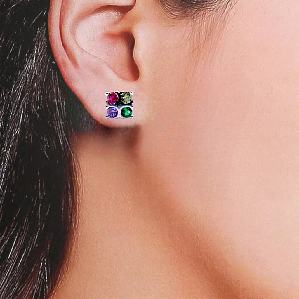 Square Shaped Flower Push Back Earrings CZ Diamonds Sterling Silver 925 Multicolor Floral Design