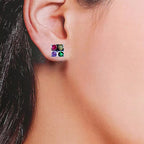 Square Shaped Flower Push Back Earrings CZ Diamonds Sterling Silver 925 Multicolor Floral Design